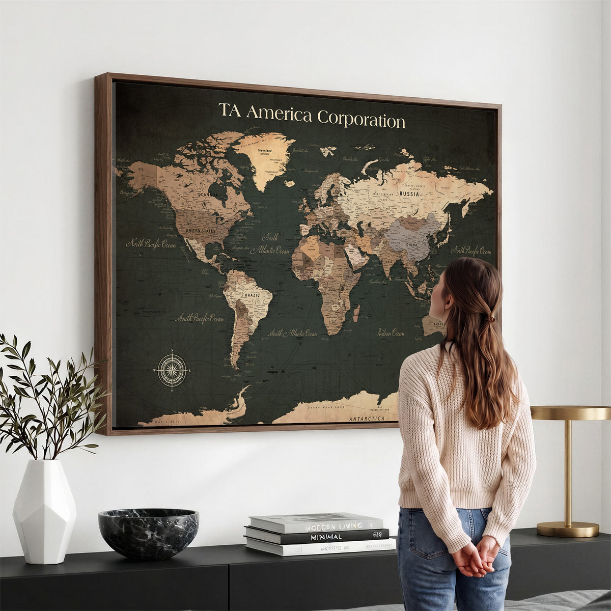 55857205-MGV-CV-36X24 - Extra Large Framed Personalize Push Pin World Map Wall Art Canvas Print for Travel Tracking