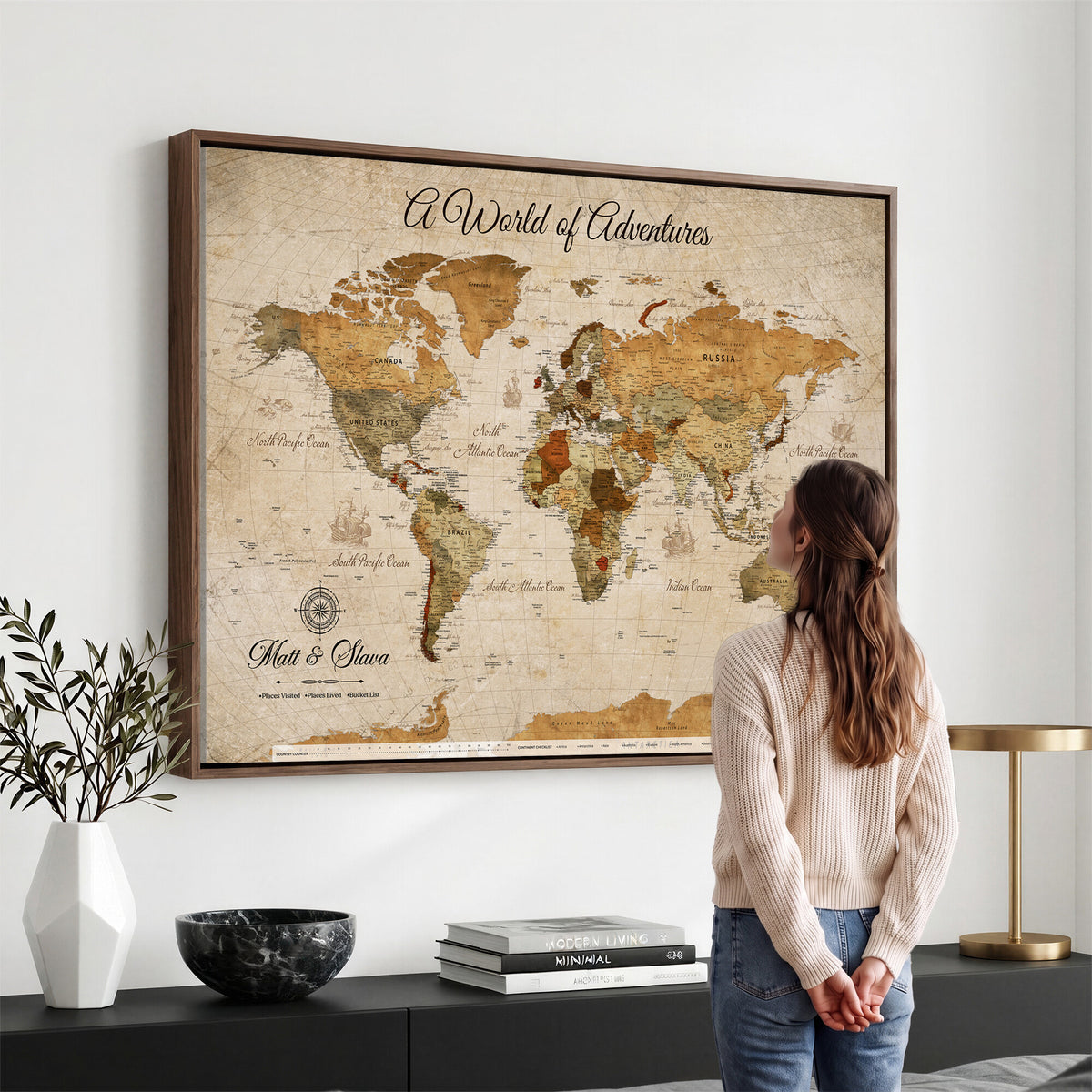 88768647-MGV-CV-36X24 - Extra Large Framed Personalize Push Pin World Map Wall Art Canvas Print for Travel Tracking