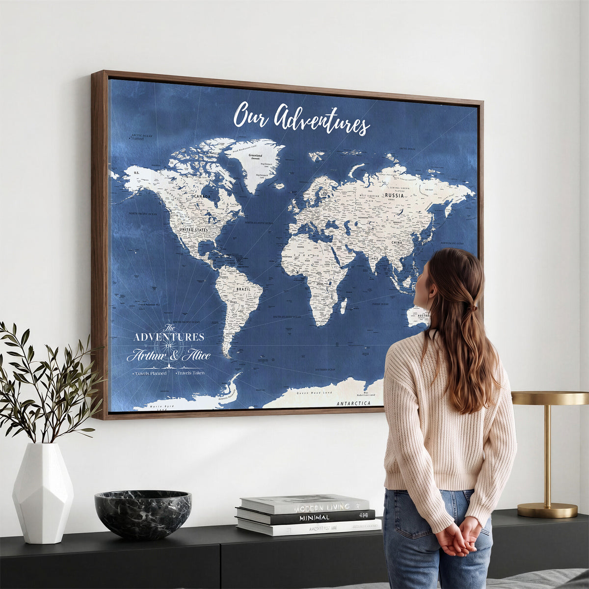 75405527-MGV-CV-36X24 - Extra Large Framed Personalize Push Pin World Map Wall Art Canvas Print for Travel Tracking