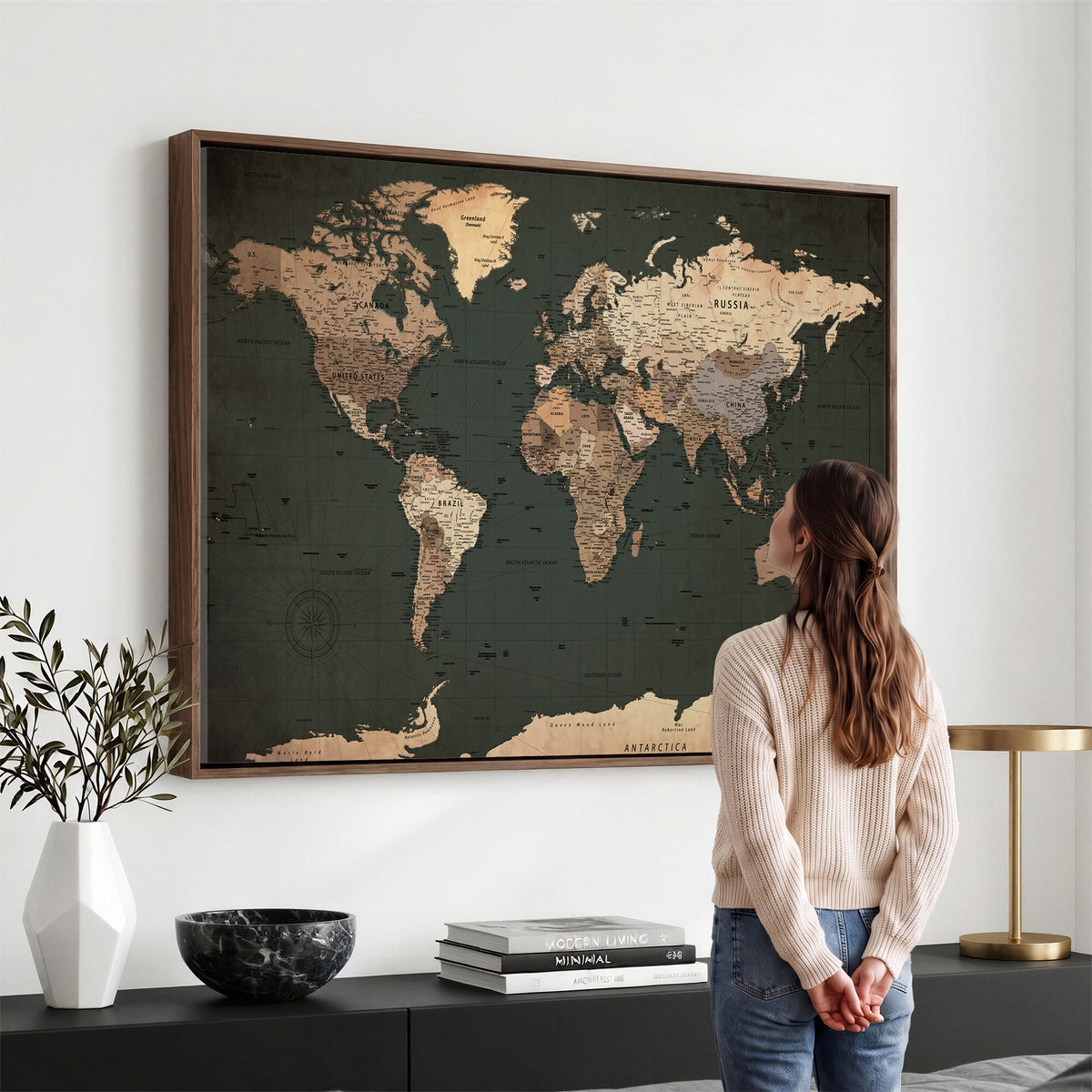 42327656-MGV-CV-36X24 - Extra Large Framed Personalize Push Pin World Map Wall Art Canvas Print for Travel Tracking