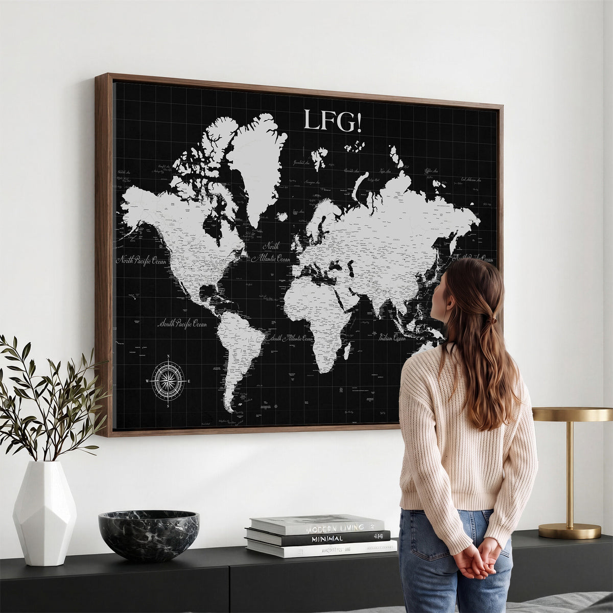 68209291-MGV-CV-36X24 - Extra Large Framed Personalize Push Pin World Map Wall Art Canvas Print for Travel Tracking