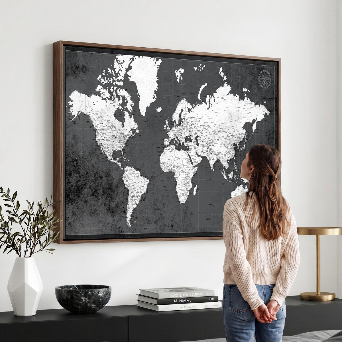 78574966-MGV-CV-36X24 - Extra Large Framed Personalize Push Pin World Map Wall Art Canvas Print for Travel Tracking