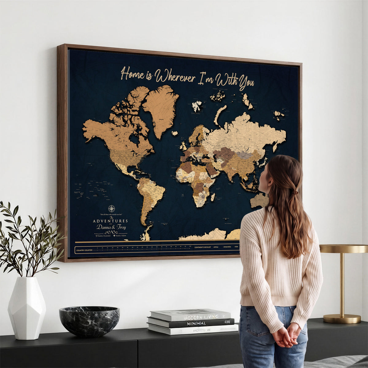 13903533-MGV-CV-36X24 - Extra Large Framed Personalize Push Pin World Map Wall Art Canvas Print for Travel Tracking
