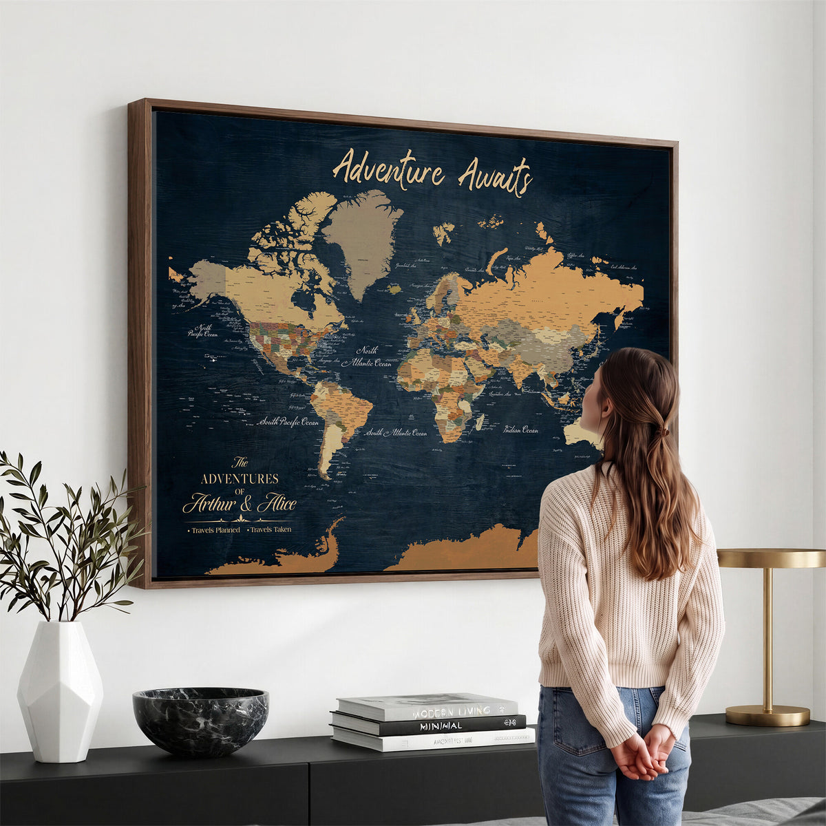 13350960-MGV-CV-36X24 - Extra Large Framed Personalize Push Pin World Map Wall Art Canvas Print for Travel Tracking