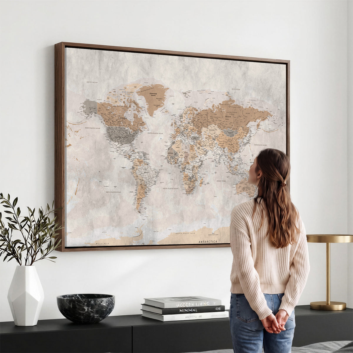 18074626DD-MGV-CV-36X24 - Extra Large Framed Personalize Push Pin World Map Wall Art Canvas Print for Travel Tracking NEWMAP - 009