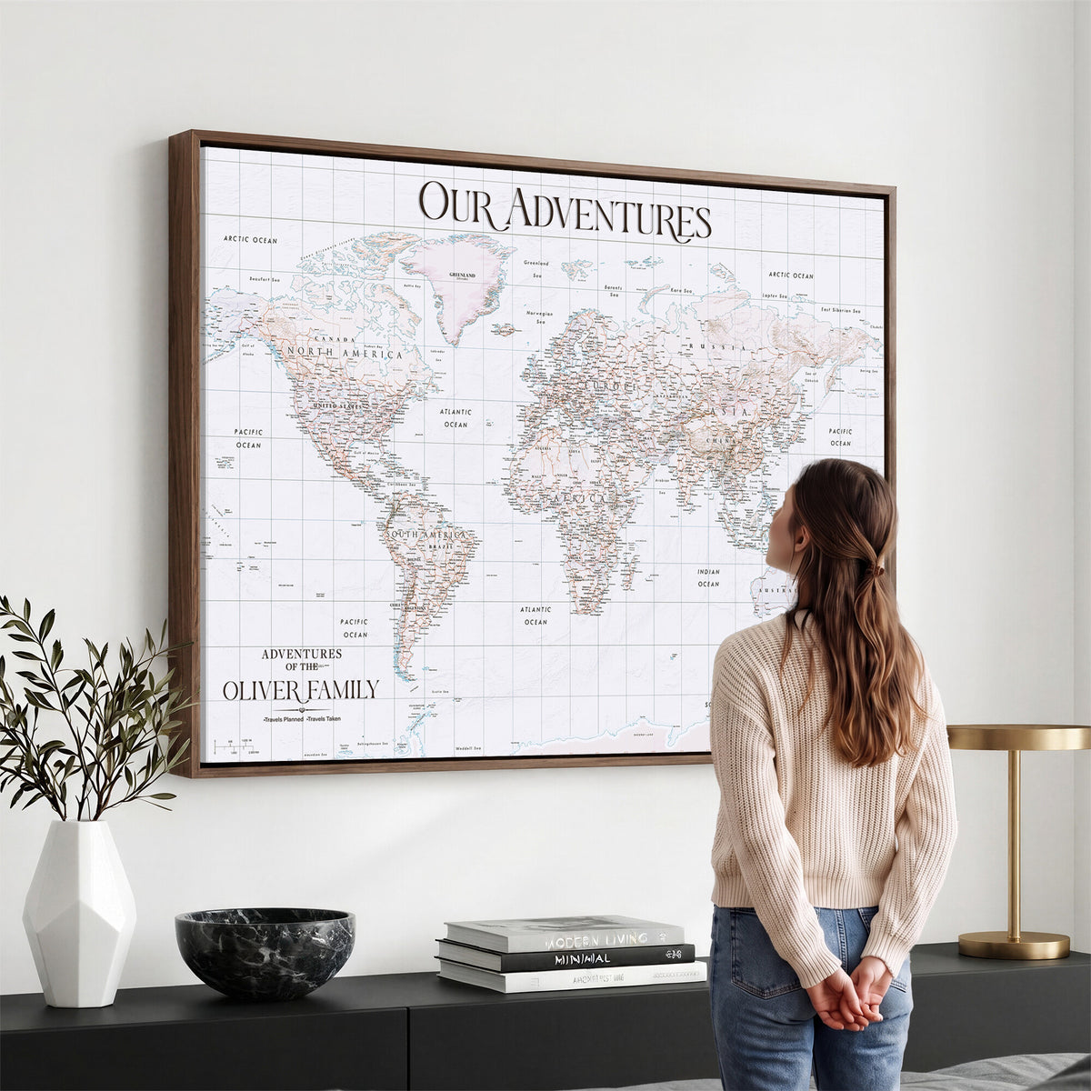 18074626D3DD-MGV-CV-36X24 - Extra Large Framed Personalize Push Pin World Map Wall Art Canvas Print for Travel Tracking NEWMAP - 015