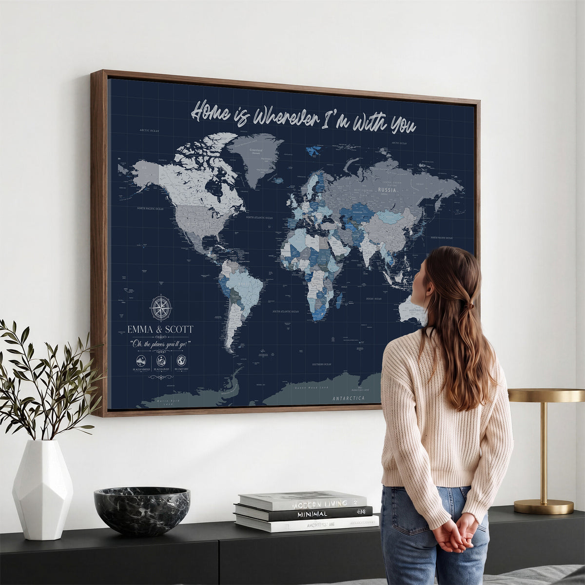 17712680D-MGV-CV-36X24 - World Map Wall Art Canvas Print, Modern Decorative Framed Map Artwork Prints for Living Room, Office, Bedroom Wall Decor