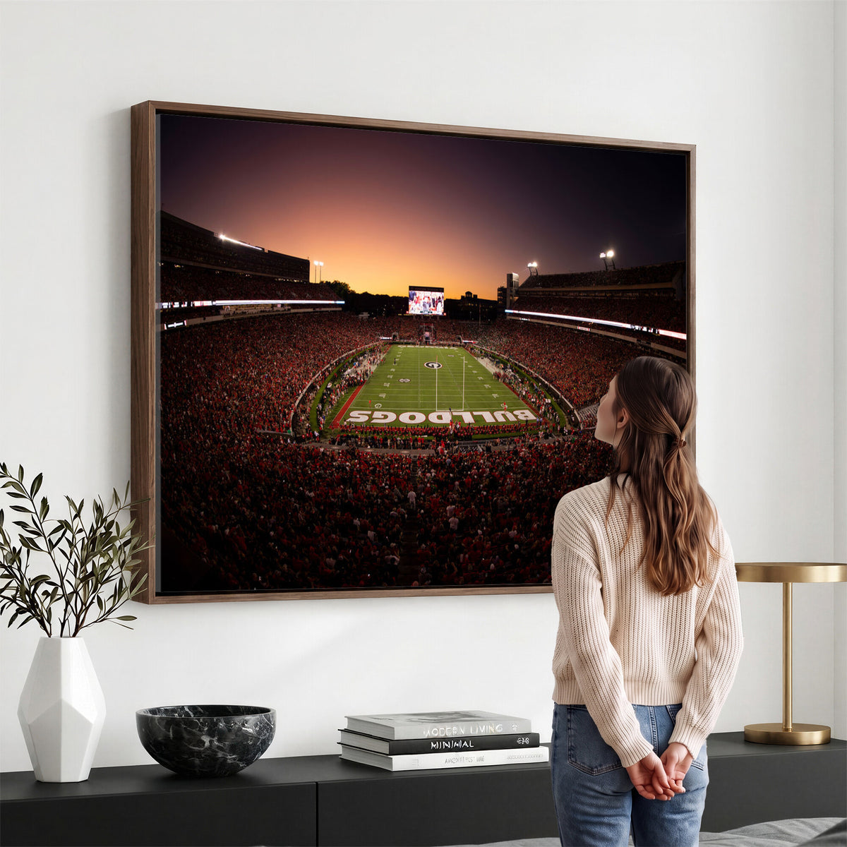 97720998-_Poster-30x20 - Georgia Bulldogs Stadium Sunset Canvas Print 3 Piece Framed Wall Art Extra Large Floating Frame Sports Poster Made in USA