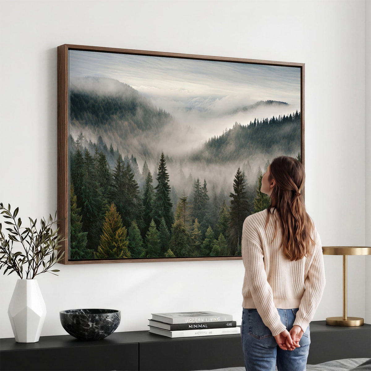 38409495-_Poster-30x20 - Misty Pine Valley Mountain Canvas Print 3 Piece Framed Wall Art Extra Large Floating Frame Nature Poster Made in USA