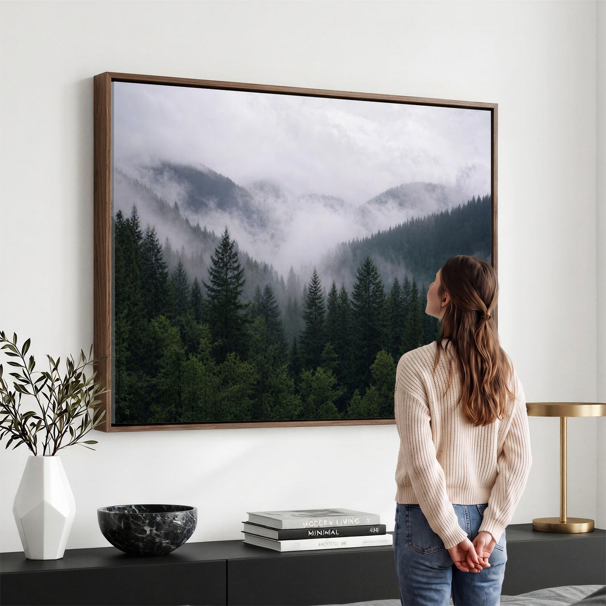 25432119-_Poster-30x20 - Misty Mountain Pine Forest Canvas Print 3 Piece Framed Wall Art Extra Large Floating Frame Nature Poster Made in USA