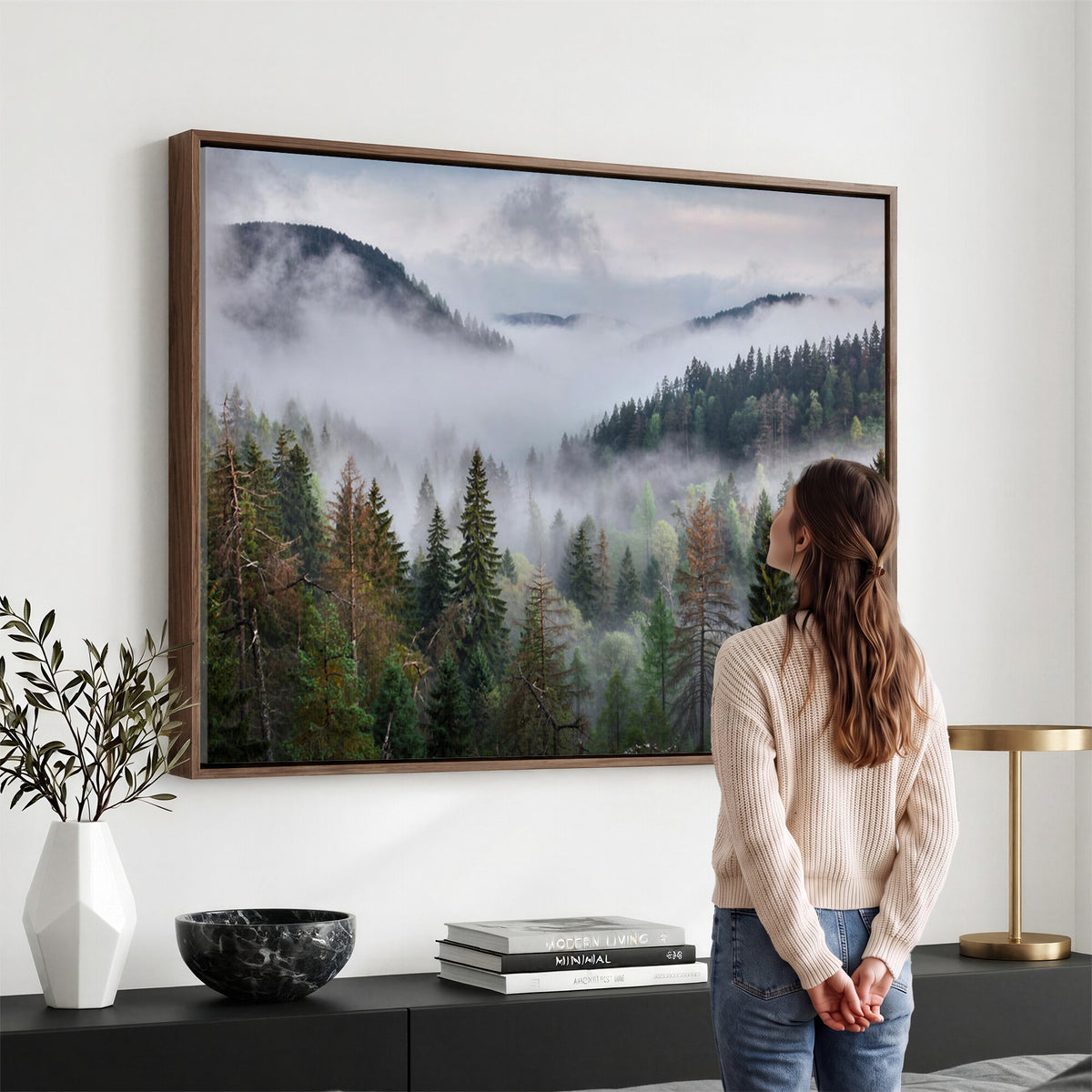 18735847-_Poster-30x20 - Foggy Pine Forest Mountain Canvas Print 3 Piece Framed Wall Art Extra Large Floating Frame Nature Poster Made in USA