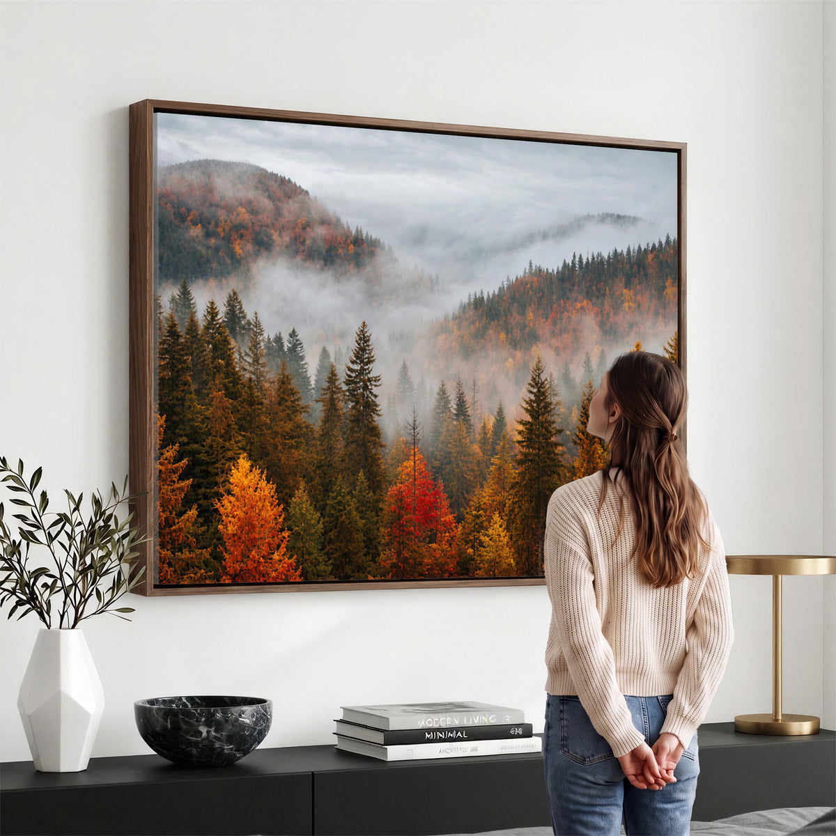87481341-_Poster-30x20 - Foggy Autumn Mountain Canvas Print Smoky Pine Forest Wall Art Panoramic Nature Poster 3 Piece Made in USA