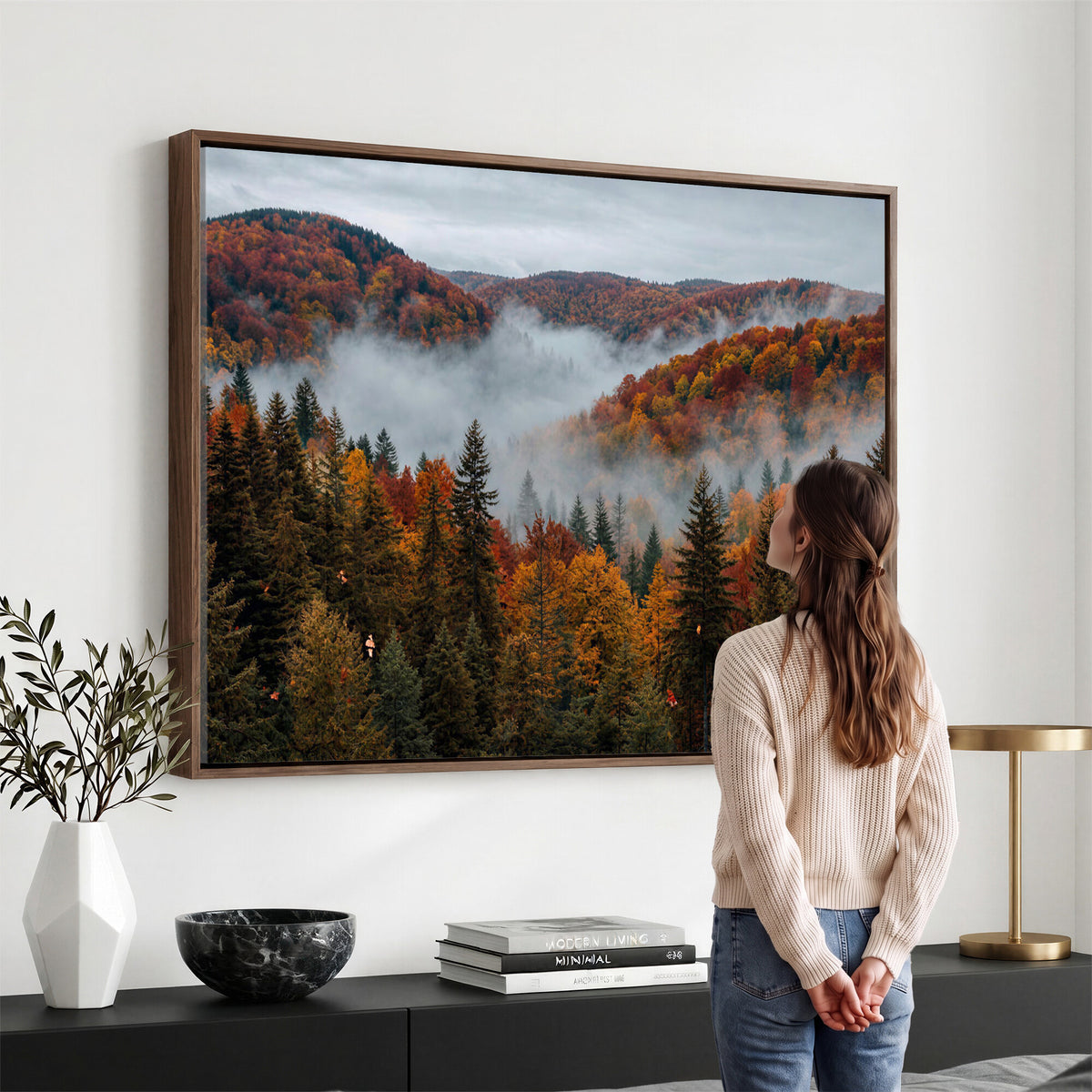 26686263-_Poster-30x20 - Misty Autumn Forest Mountain Canvas Print 3 Panel Wall Art Gallery Wrapped Floating Frame Poster Made in USA