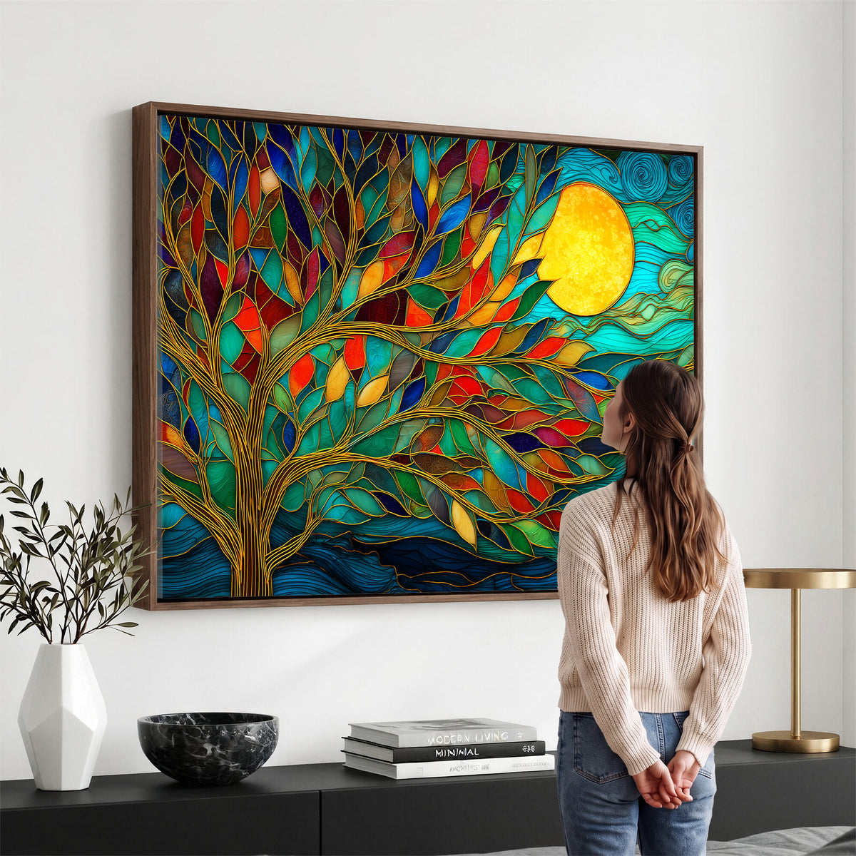11877152-MGV-CV-36X24 - Stained Glass Tree Of Life Wall Art - Vibrant Mosaic Nature Home Decor