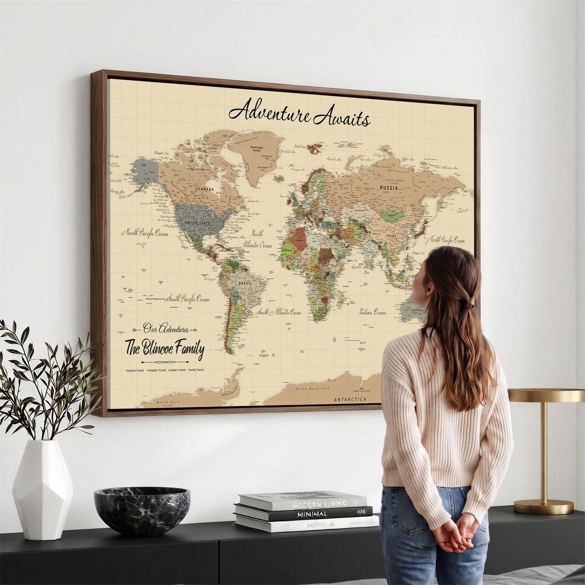 25730261D-MGV-CV-36X24 - Custom Push Pin World Map Wall Art Canvas Print | Personalized Travel Tracker with Pins Framed Large for Home and Office Decor