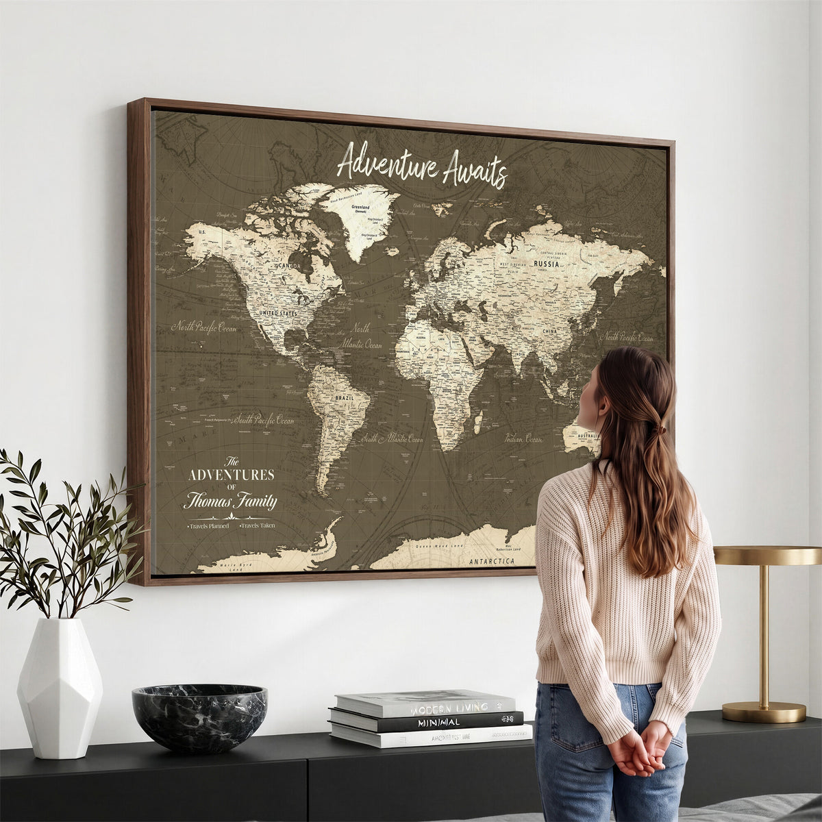 27762875D-MGV-CV-36X24 - Custom Push Pin World Map Wall Art Canvas Print | Personalized Travel Tracker with Pins Framed Large for Home and Office Decor