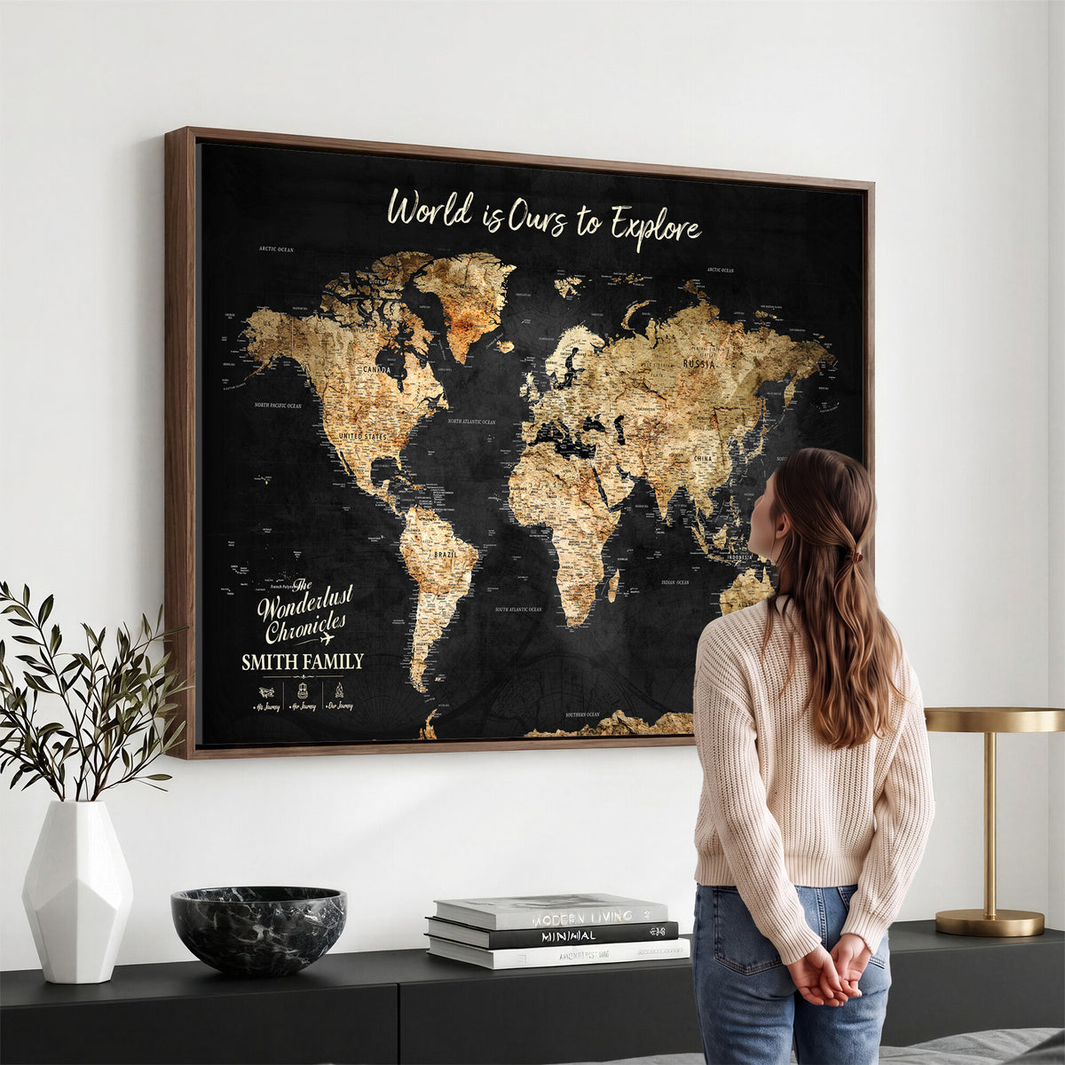73732636D-MGV-CV-36X24 - Custom Push Pin World Map Wall Art Canvas Print | Personalized Travel Tracker with Pins Framed Large for Home and Office Decor