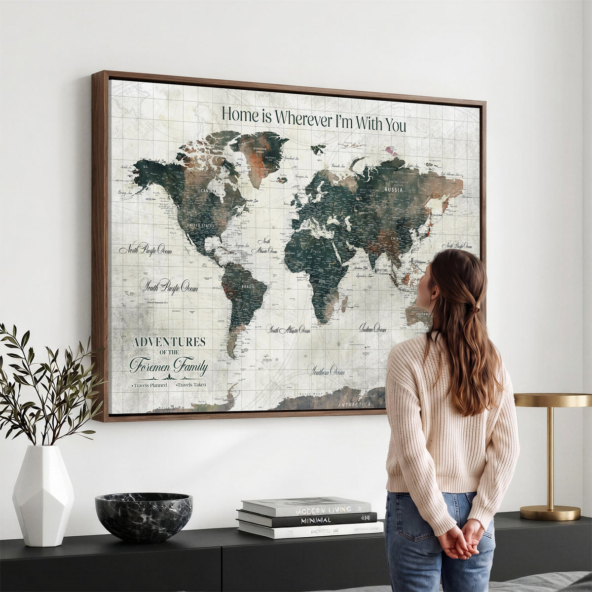 98050124D-MGV-CV-36X24 - Custom Push Pin World Map Wall Art Canvas Print | Personalized Travel Tracker with Pins Framed Large for Home and Office Decor