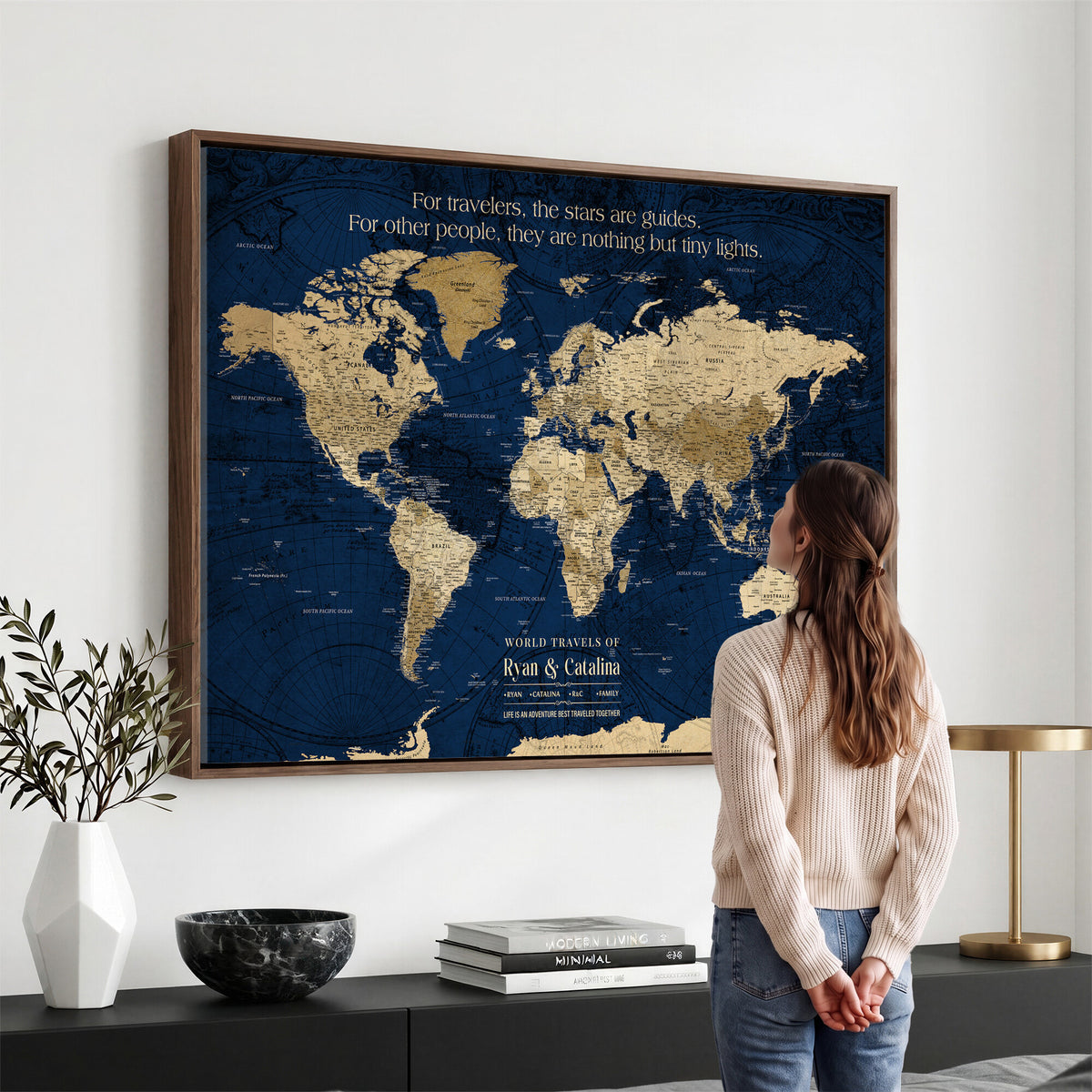 71667510D-MGV-CV-36X24 - Custom Push Pin World Map Wall Art Canvas Print | Personalized Travel Tracker with Pins Framed Large for Home and Office Decor