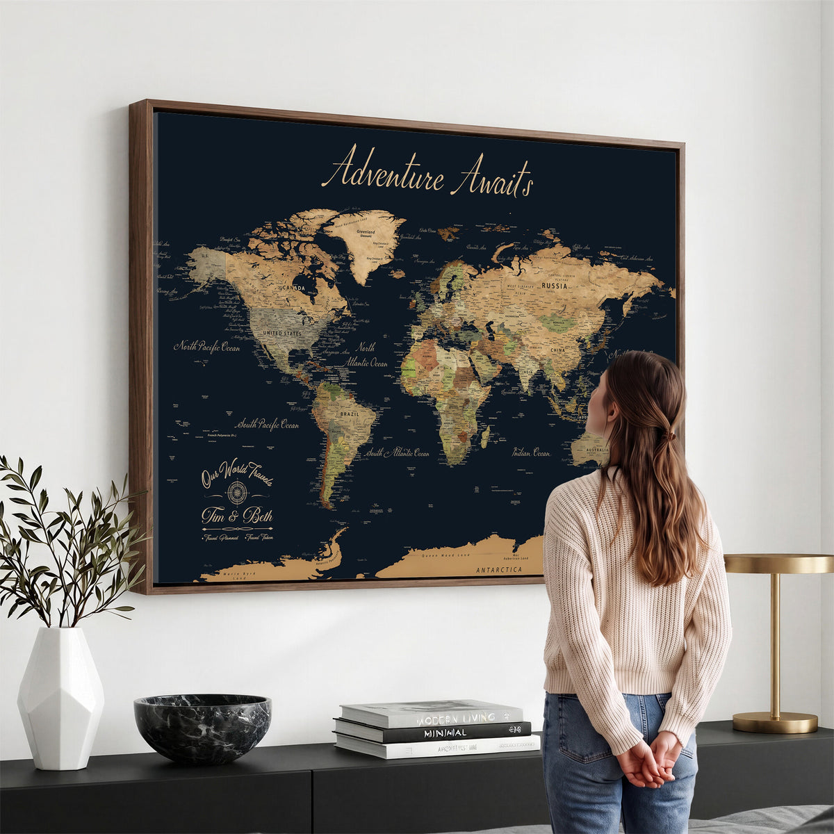 45739634D-MGV-CV-36X24 - Custom Push Pin World Map Wall Art Canvas Print | Personalized Travel Tracker with Pins Framed Large for Home and Office Decor