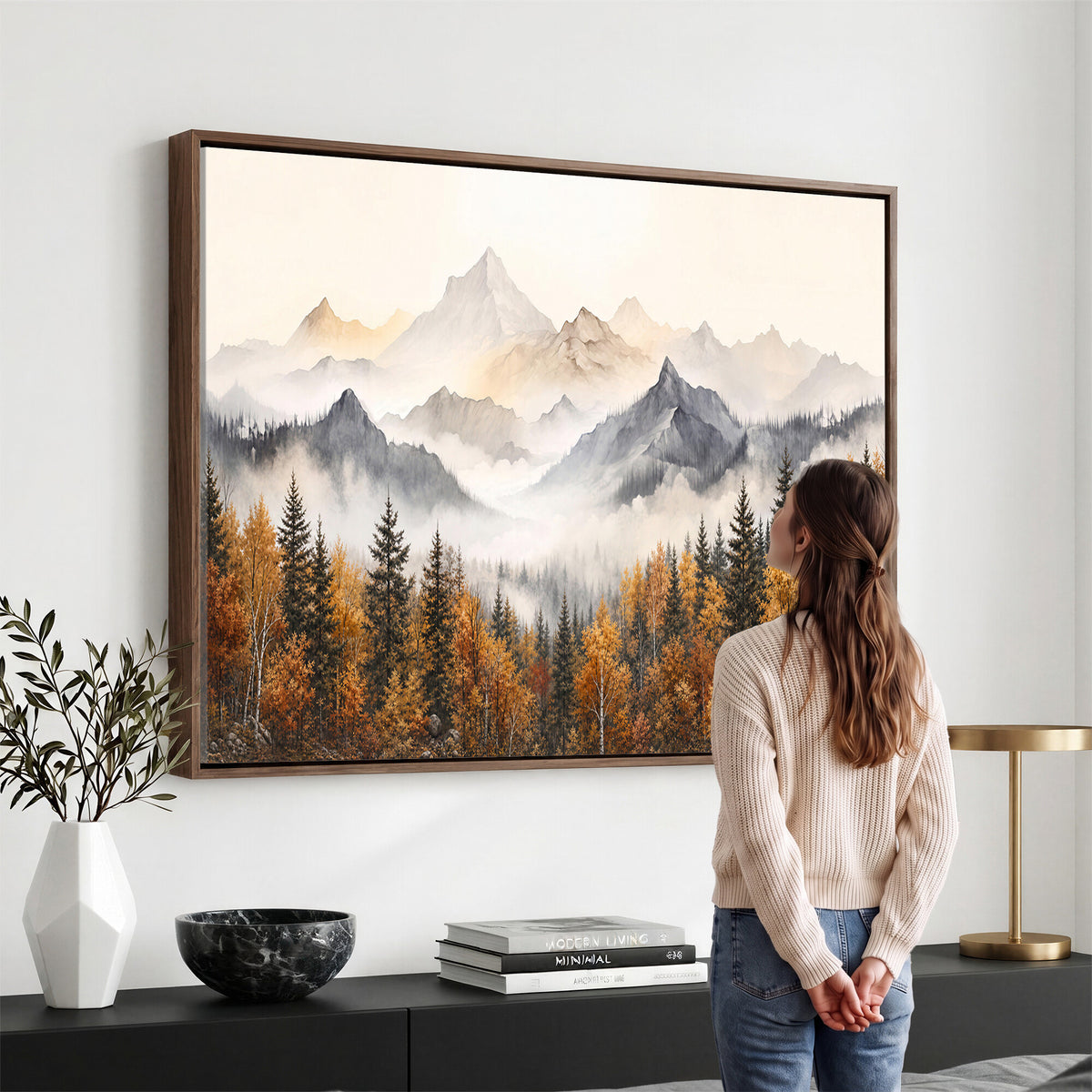 19544118-MGV-TP-30X20 - Misty Mountain Autumn Forest Canvas Wall Art - Watercolor Fall Nature Landscape Print