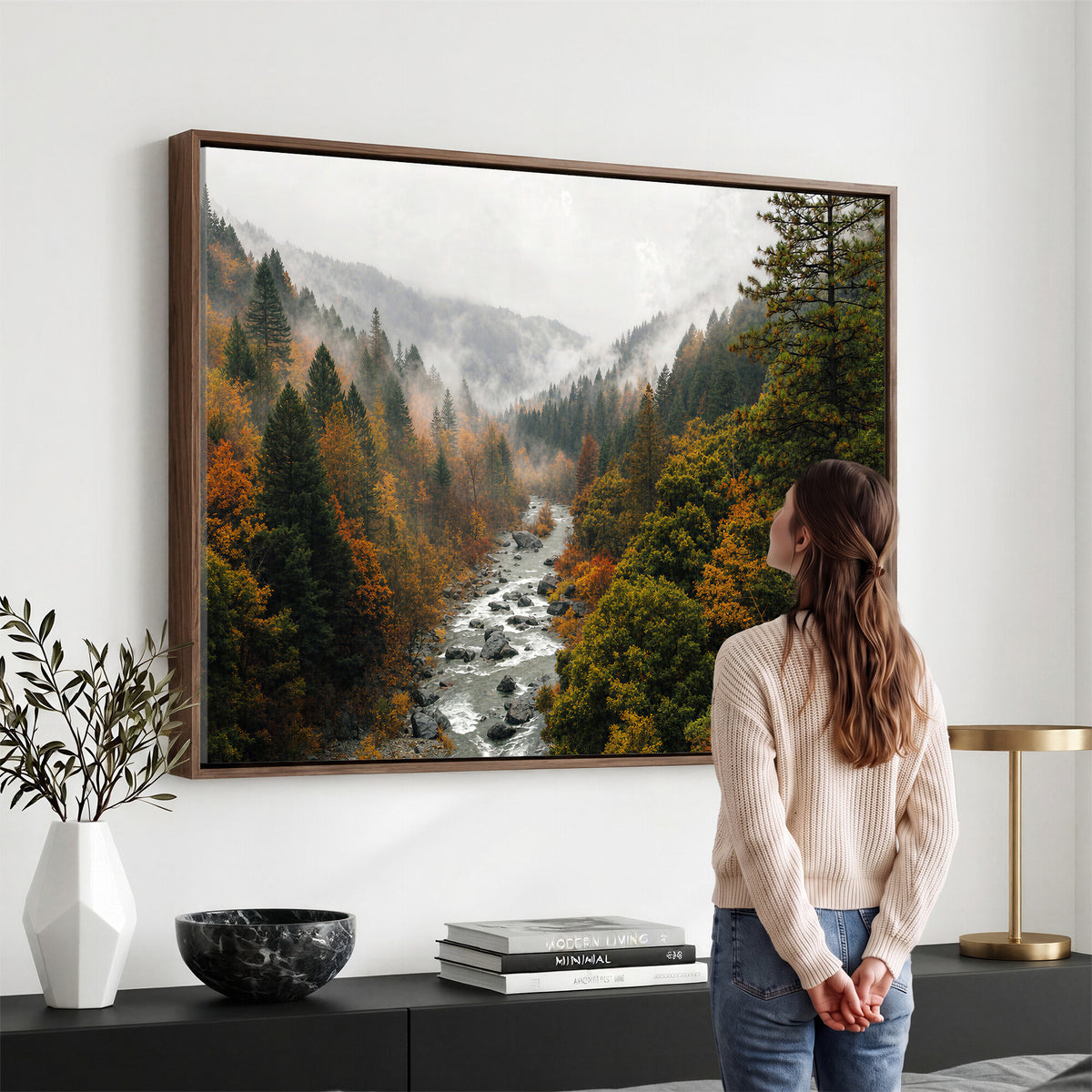 95540697-MGV-TP-30X20 - Misty River Mountain Valley Canvas Wall Art - Autumn Forest Landscape Nature Print