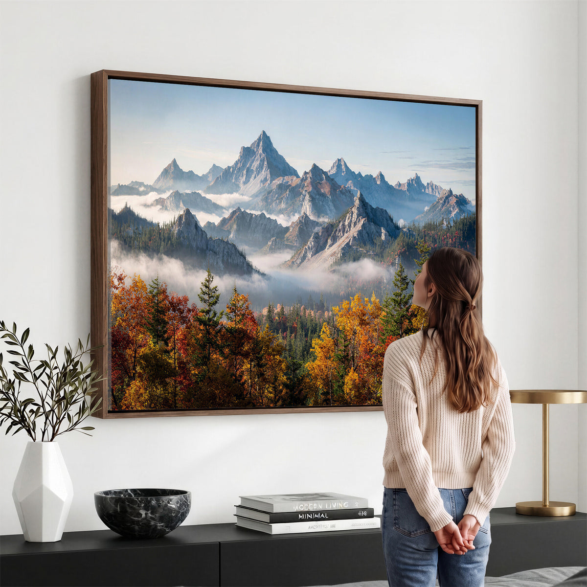 38847944-MGV-TP-30X20 - Majestic Mountain Peak Canvas Wall Art - Panoramic Autumn Forest Fog Landscape Print