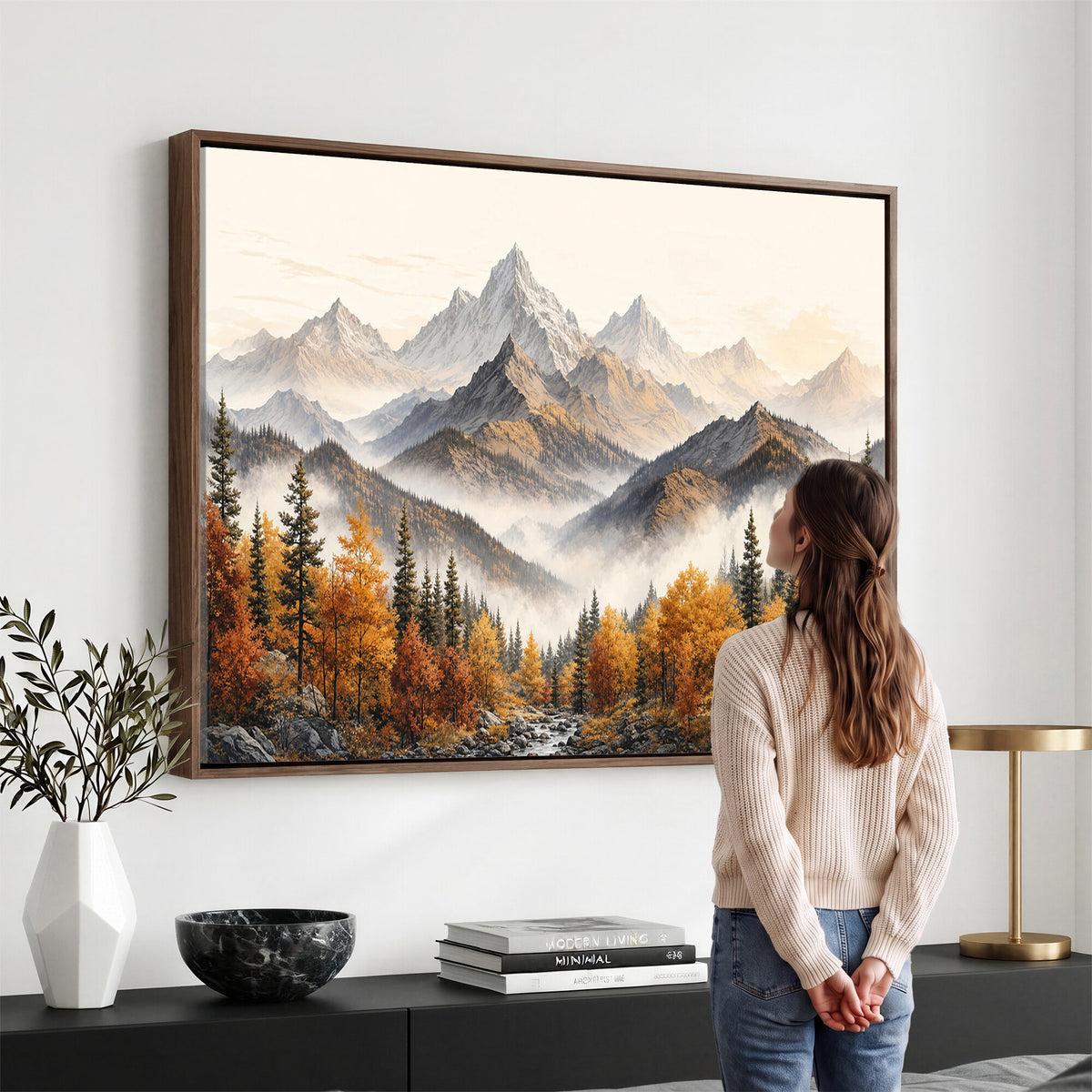 21309099-MGV-TP-30X20 - Extra Large Misty Mountain Autumn Forest Canvas Wall Art - Watercolor Fall Nature Landscape Print