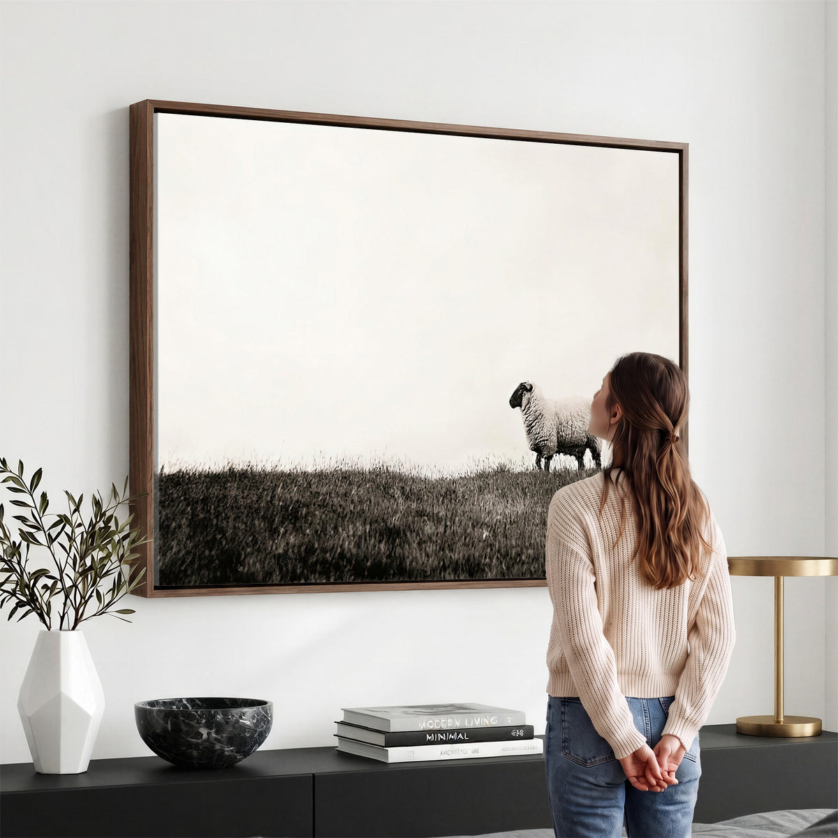 72749448-MGV-TP-30X20 - Minimalist Sepia Sheep Canvas Wall Art - Rustic Farmhouse Country Landscape Print