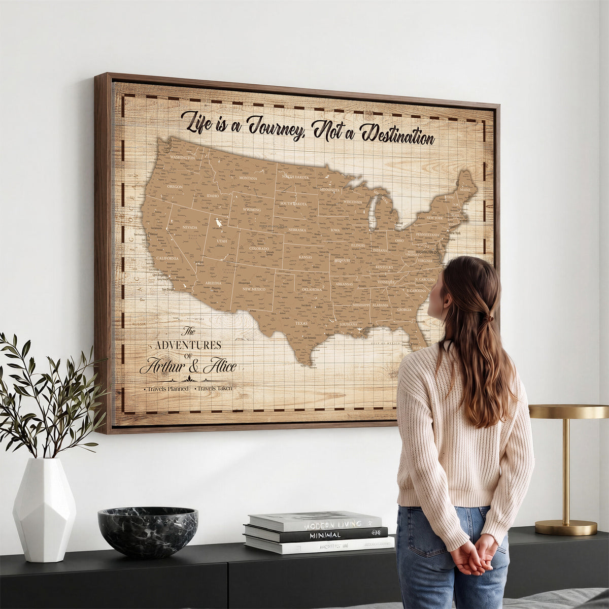 82934328-MGV-CV-36X24 - Custom USA Push Pin Travel Map Canvas Wall Art - Personalized Couples Gift Flat Digital Print