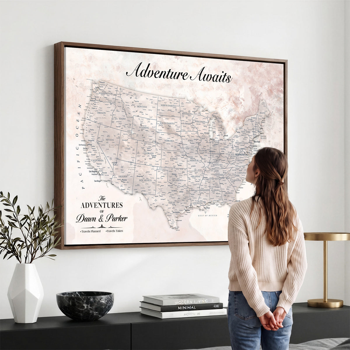 50687859-MGV-CV-36X24 - Custom USA Push Pin Travel Map Canvas Wall Art - Personalized Couples Gift Flat Digital Print