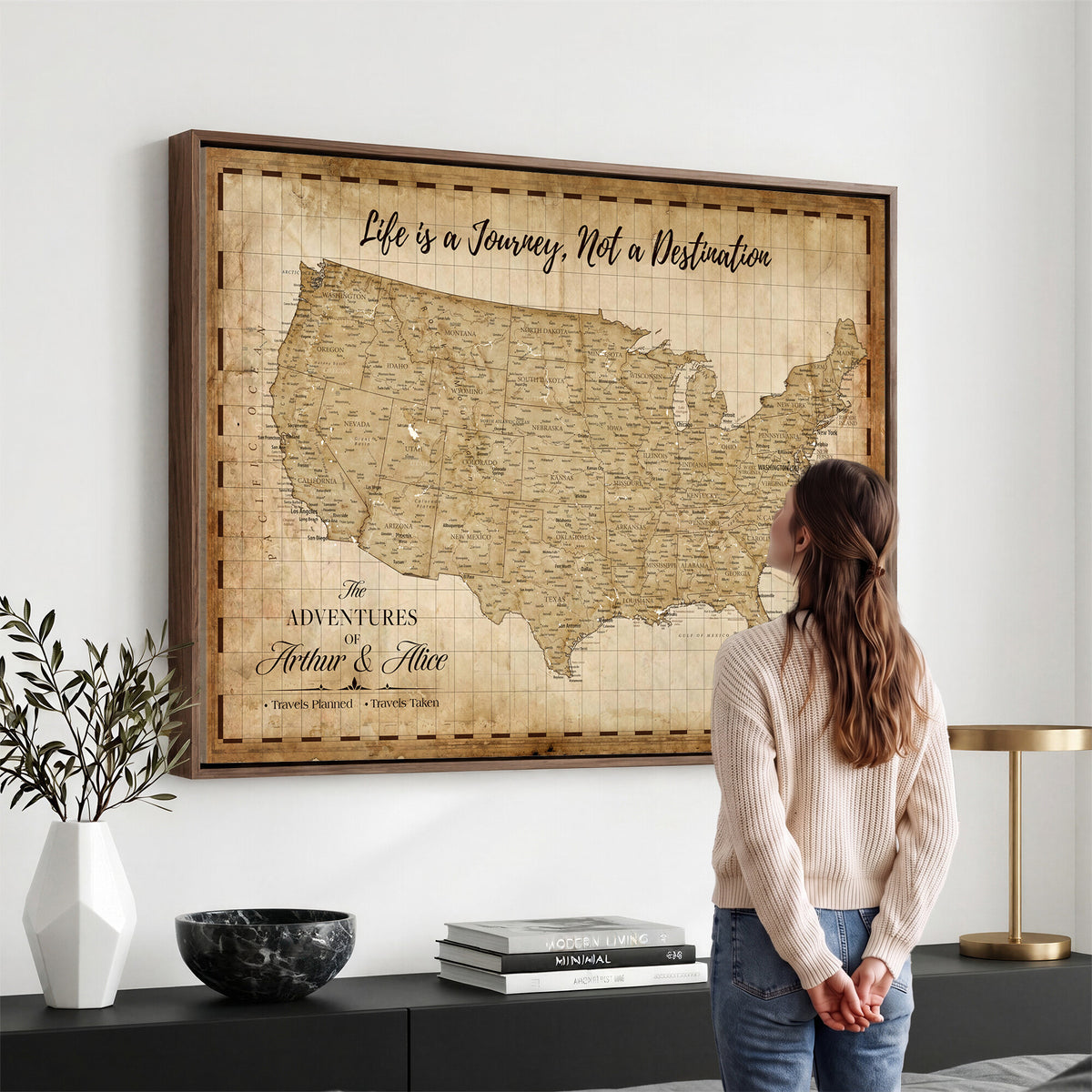 90686209-MGV-CV-36X24 - Custom USA Push Pin Travel Map Canvas Wall Art - Personalized Couples Gift Flat Digital Print