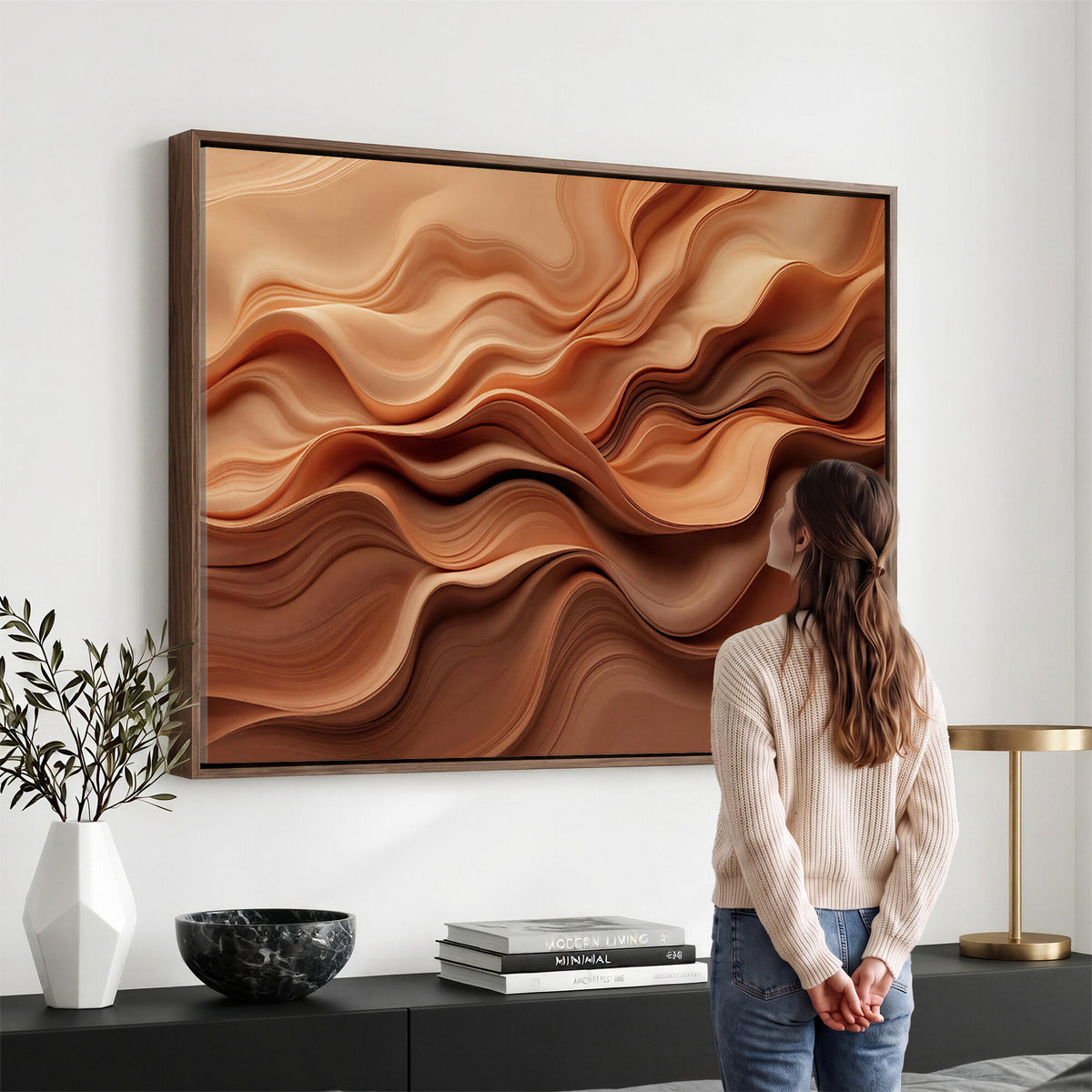 82230697-MGV-CV-36X24 - Modern Abstract Fluid Waves Canvas Wall Art - Minimalist Warm Terracotta Beige Sand Print