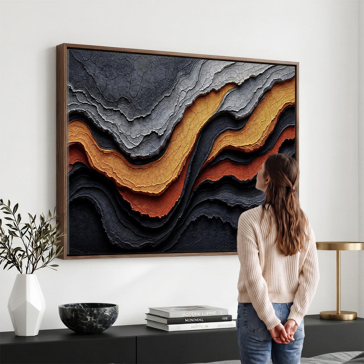 59852489-MGV-CV-36X24 - Abstract Waves Canvas Wall Art - Modern Terracotta and Charcoal Gray Print