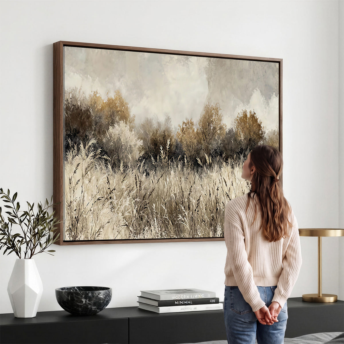 53959945-MGV-TP-30X20 - Muted Neutral Forest Landscape Canvas Wall Art - Vintage Rustic Wildflower Meadow Print