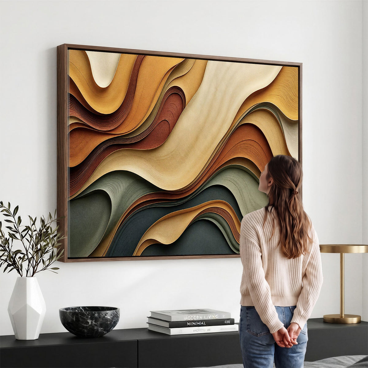 19337902-_Poster-30x20 - Modern Abstract Waves Canvas Wall Art - Minimalist Earthy Tone Living Room Decor