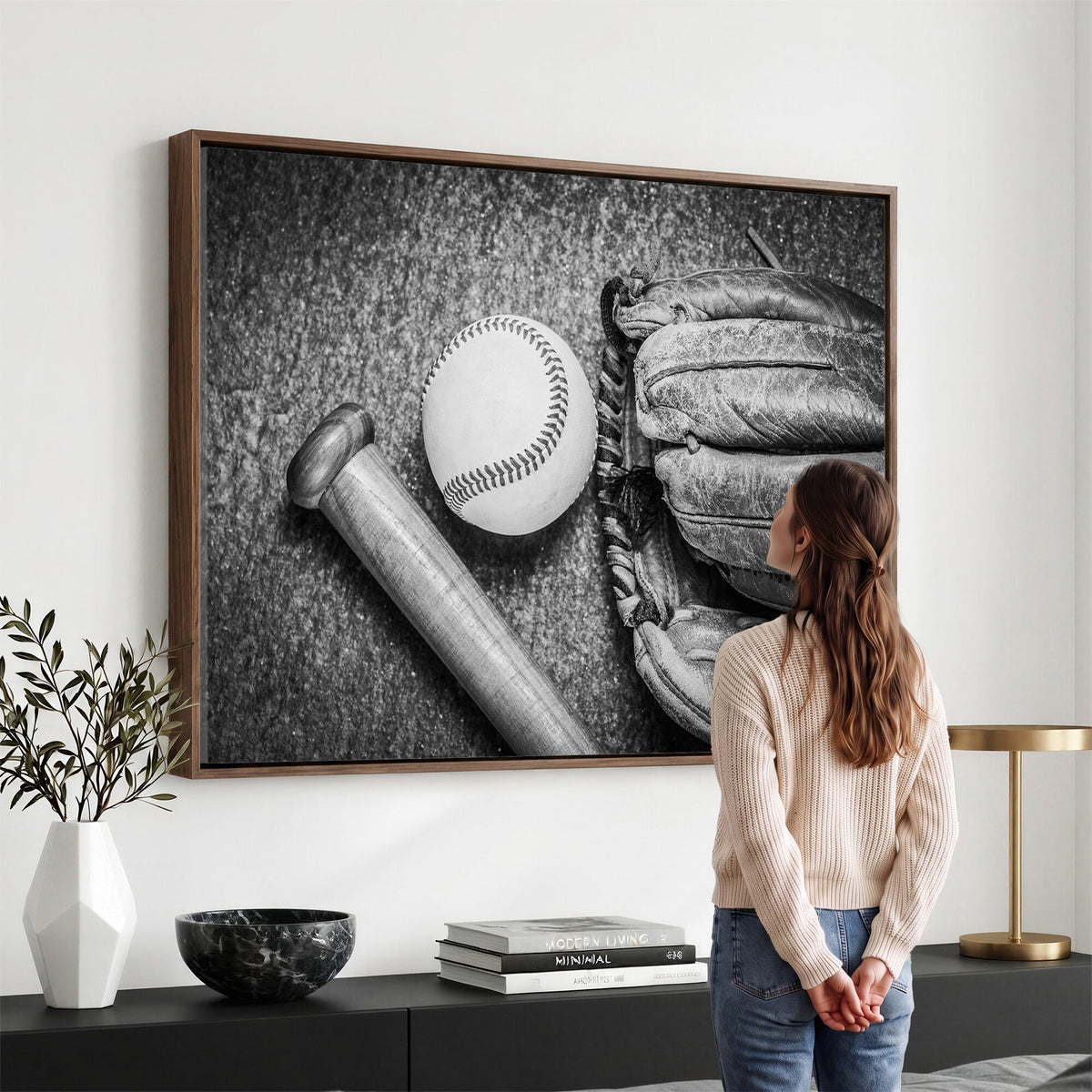 83916D-MGV-CV-36X24 - Vintage Baseball Glove and Bat Sports Wall Art Canvas Print