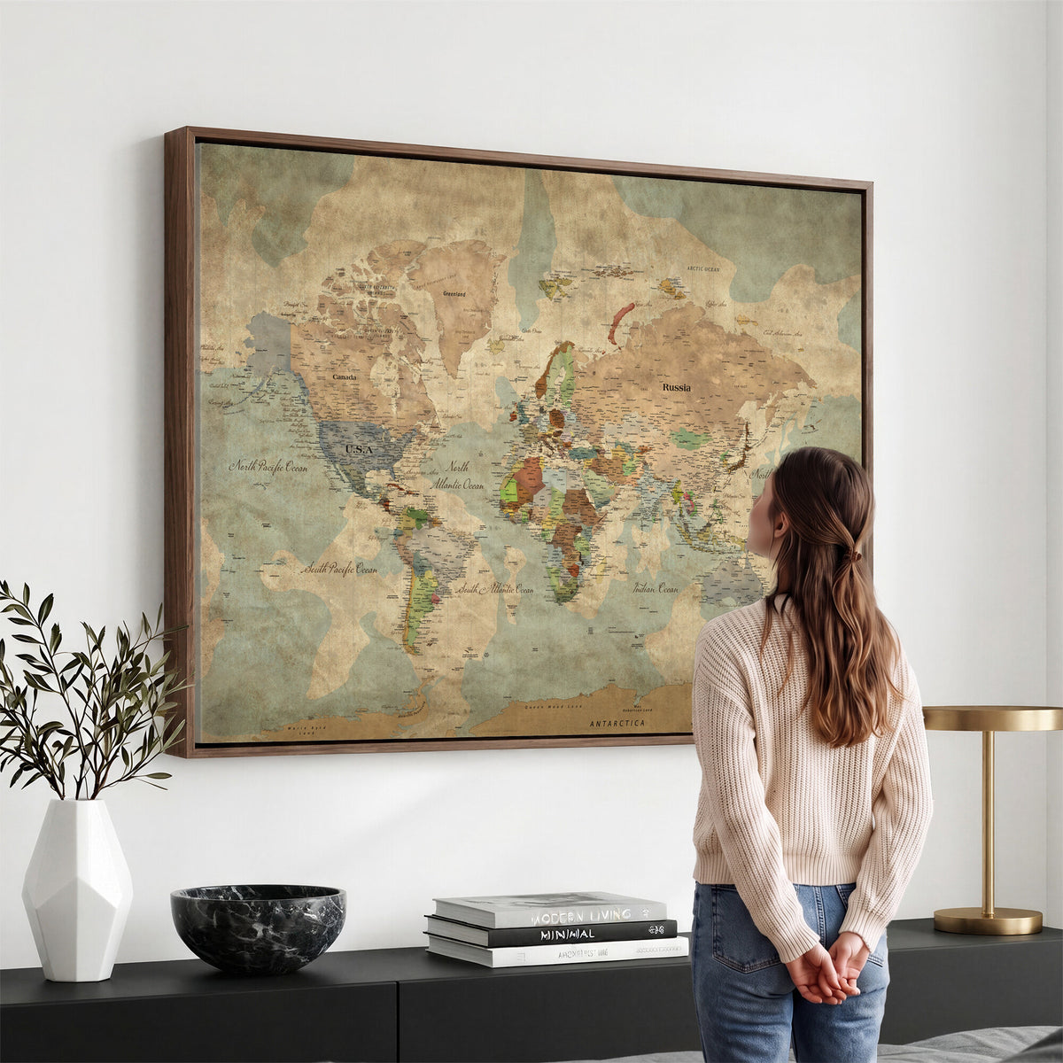 20795898D-MGV-CV-36X24 - Custom Push Pin World Map Wall Art Canvas Print – Personalized Travel Tracker with Pins Framed Large for Home and Office Decor