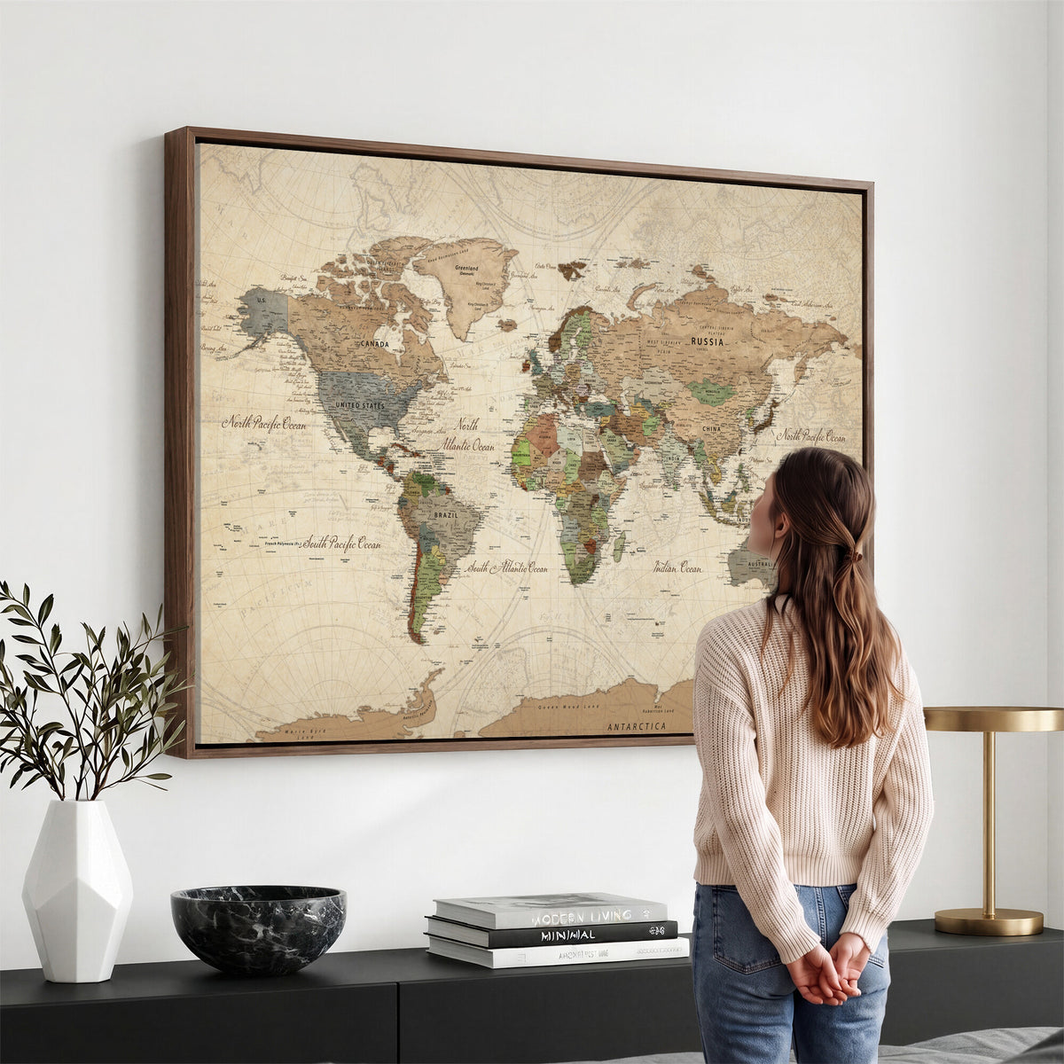 32749414D-MGV-CV-36X24 - Custom Push Pin World Map Wall Art Canvas Print – Personalized Travel Tracker with Pins Framed Large for Home and Office Decor