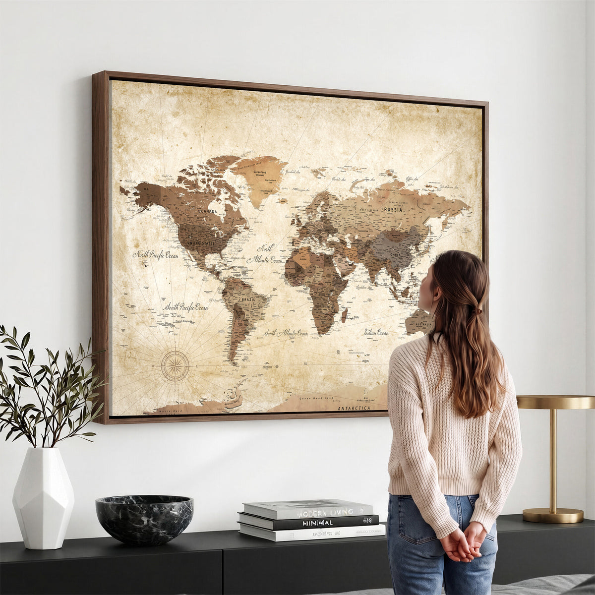 69154703D-MGV-CV-36X24 - Custom Push Pin World Map Wall Art Canvas Print – Personalized Travel Tracker with Pins Framed Large for Home and Office Decor