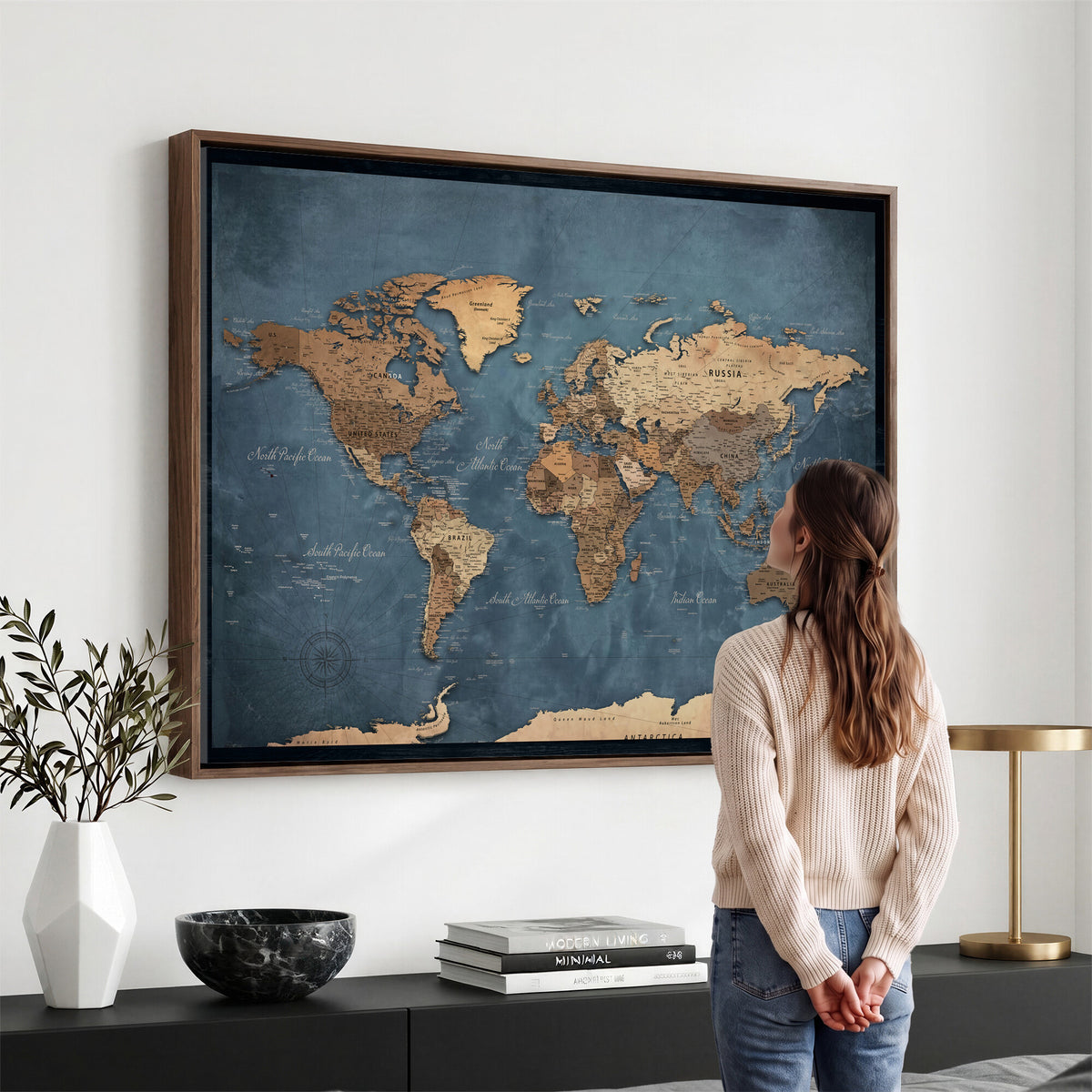 81949666D-MGV-CV-36X24 - Custom Push Pin World Map Wall Art Canvas Print – Personalized Travel Tracker with Pins Framed Large for Home and Office Decor