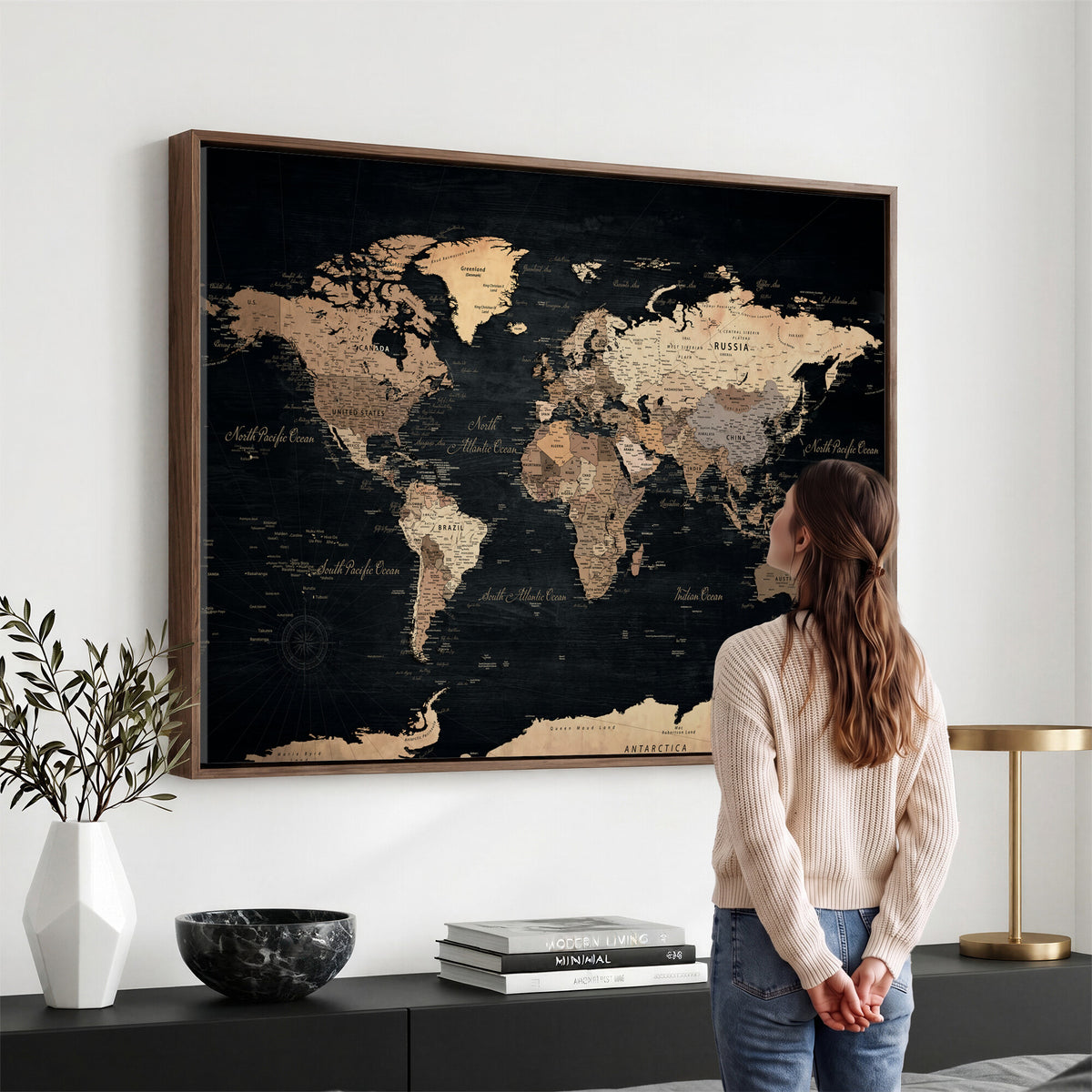 55335455D-MGV-CV-36X24 - Custom Push Pin World Map Wall Art Canvas Print – Personalized Travel Tracker with Pins Framed Large for Home and Office Decor