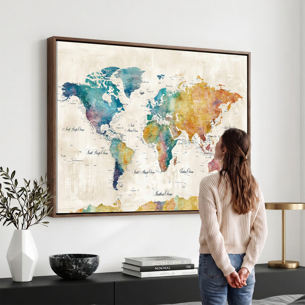 53654999D-MGV-CV-36X24 - Custom Push Pin World Map Wall Art Canvas Print – Personalized Travel Tracker with Pins Framed Large for Home and Office Decor