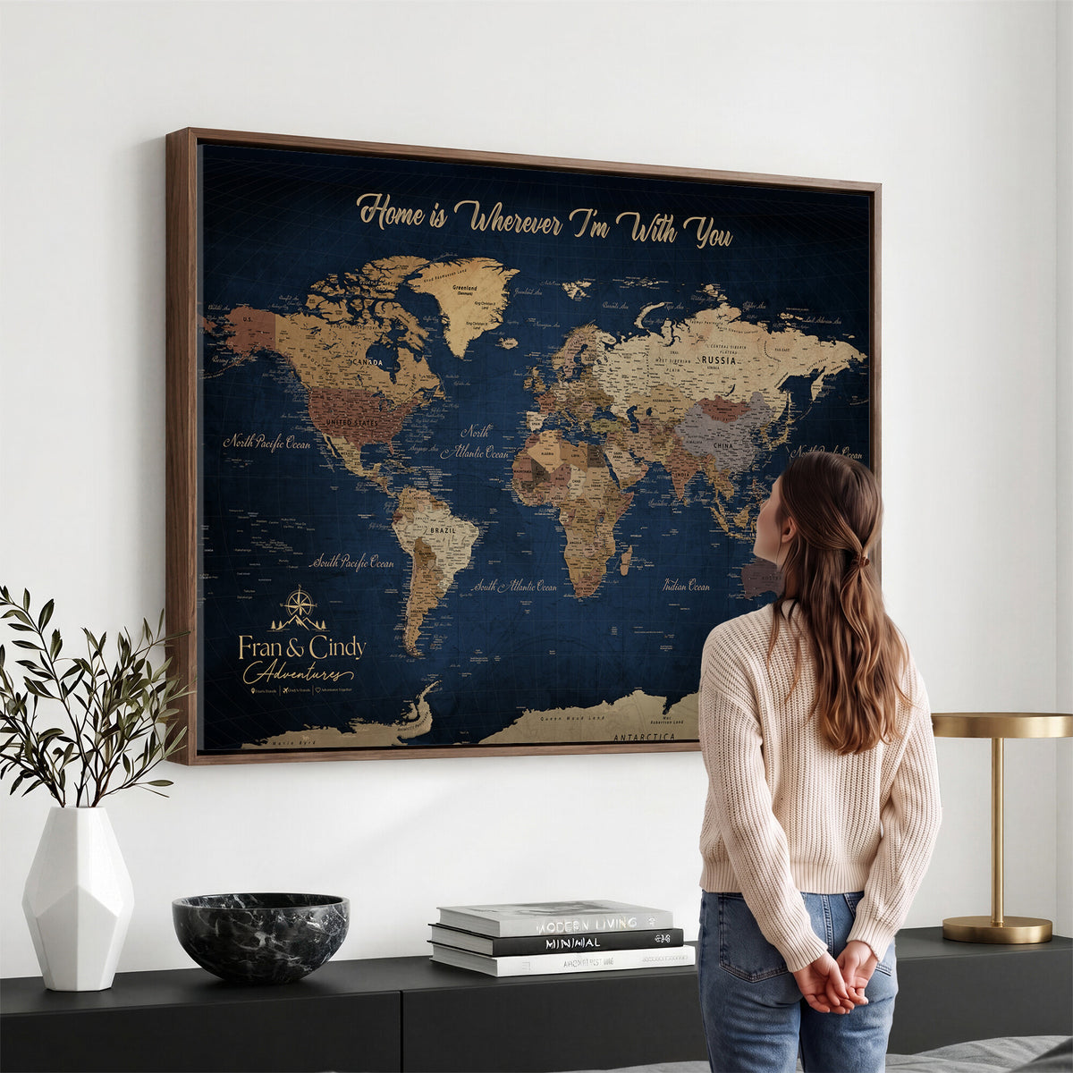 57774467D-MGV-CV-36X24 - Custom Push Pin World Map Wall Art Canvas Print – Personalized Travel Tracker with Pins Framed Large for Home and Office Decor