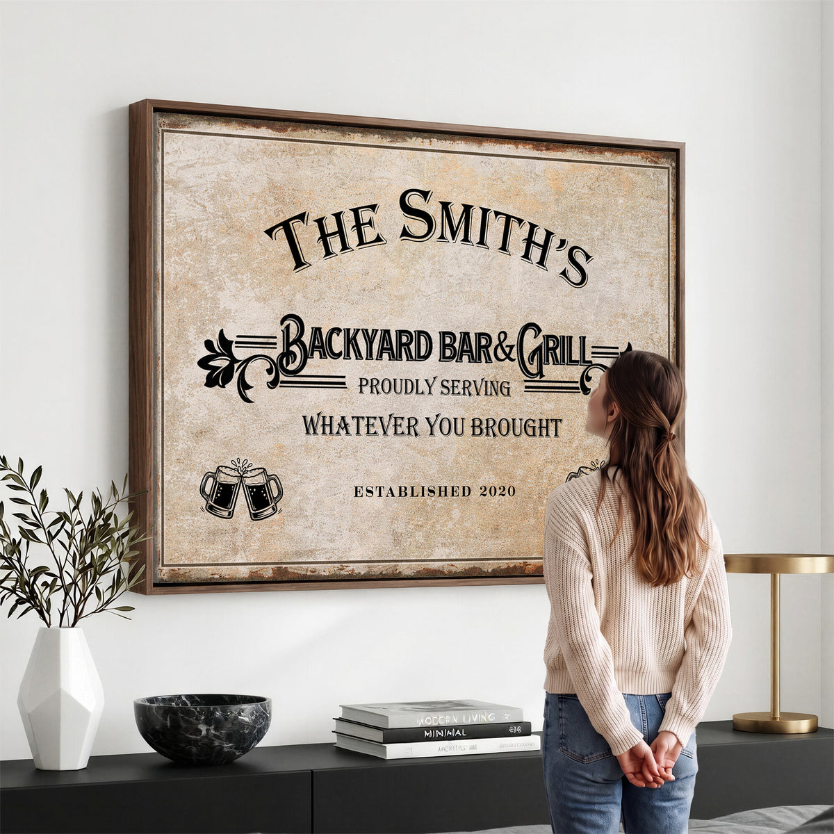 Custom Backyard Bar & Grill Sign, Personalized Family Name Arch Canvas