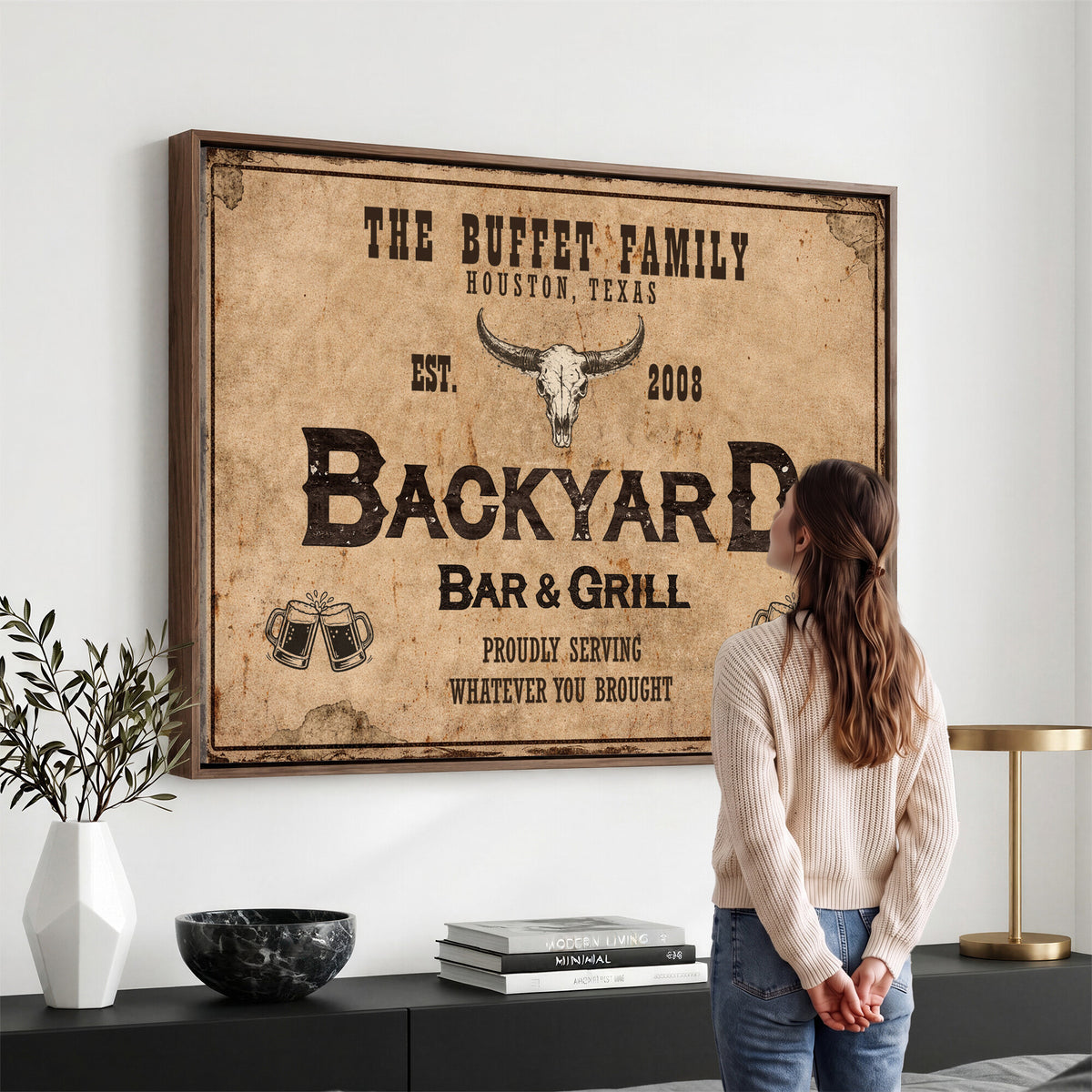 Custom Backyard Bar & Grill Sign Canvas, Personalized Family Name Sign