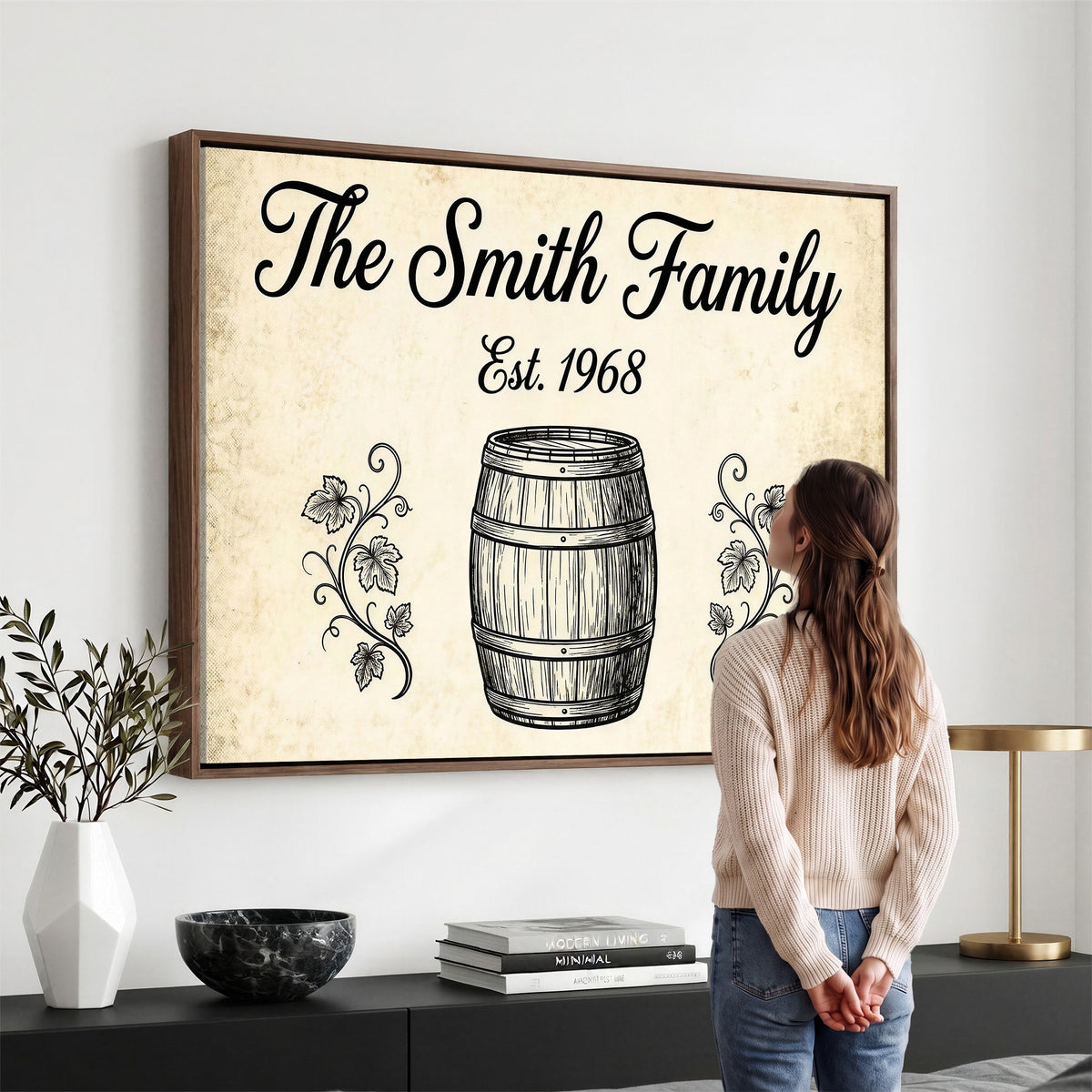 Family name sign with grapevine leaves and wine barrel sketch, canvas print