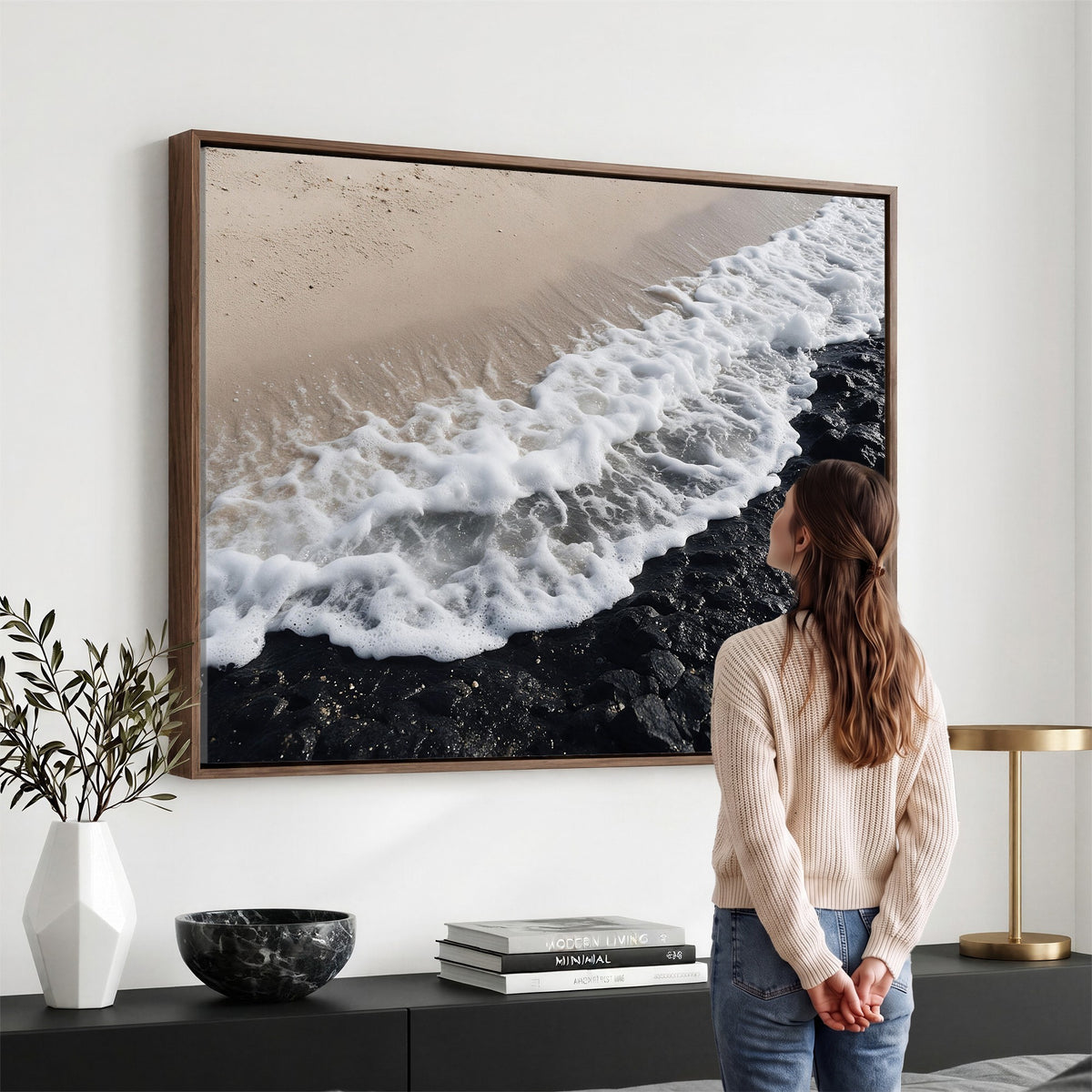 27448606-MGV-CV-24X16 - Ocean Wave Foam on Black Lava Rock Beach Canvas Wall Art Print