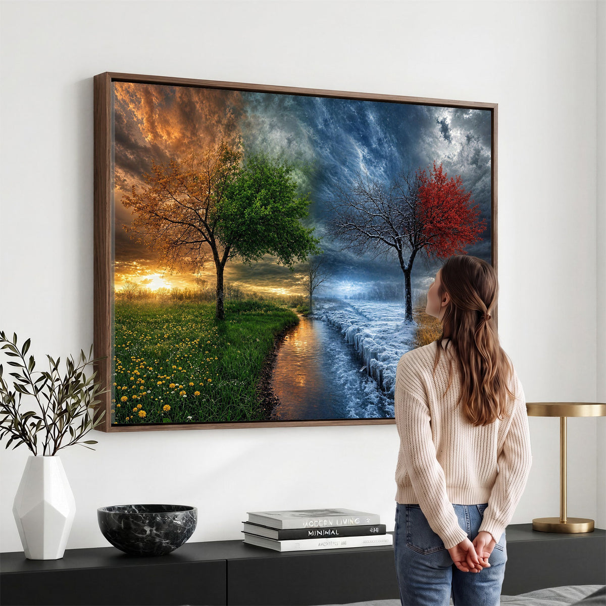 61895574-MGV-CV-24X16 - Four Seasons Tree Canvas Wall Art, Nature Landscape Canvas Print for Living Room