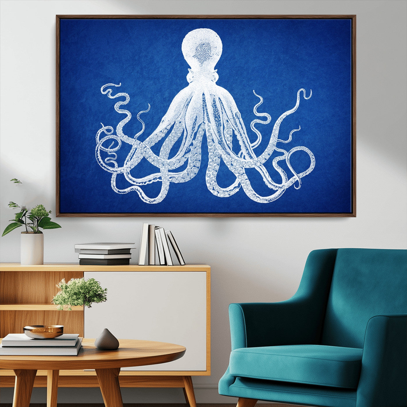 MGV-FC-36X24 - Large 3-Panel Blue Octopus Canvas Wall Art | Coastal Marine Life Artwork for Living Room, Bedroom,